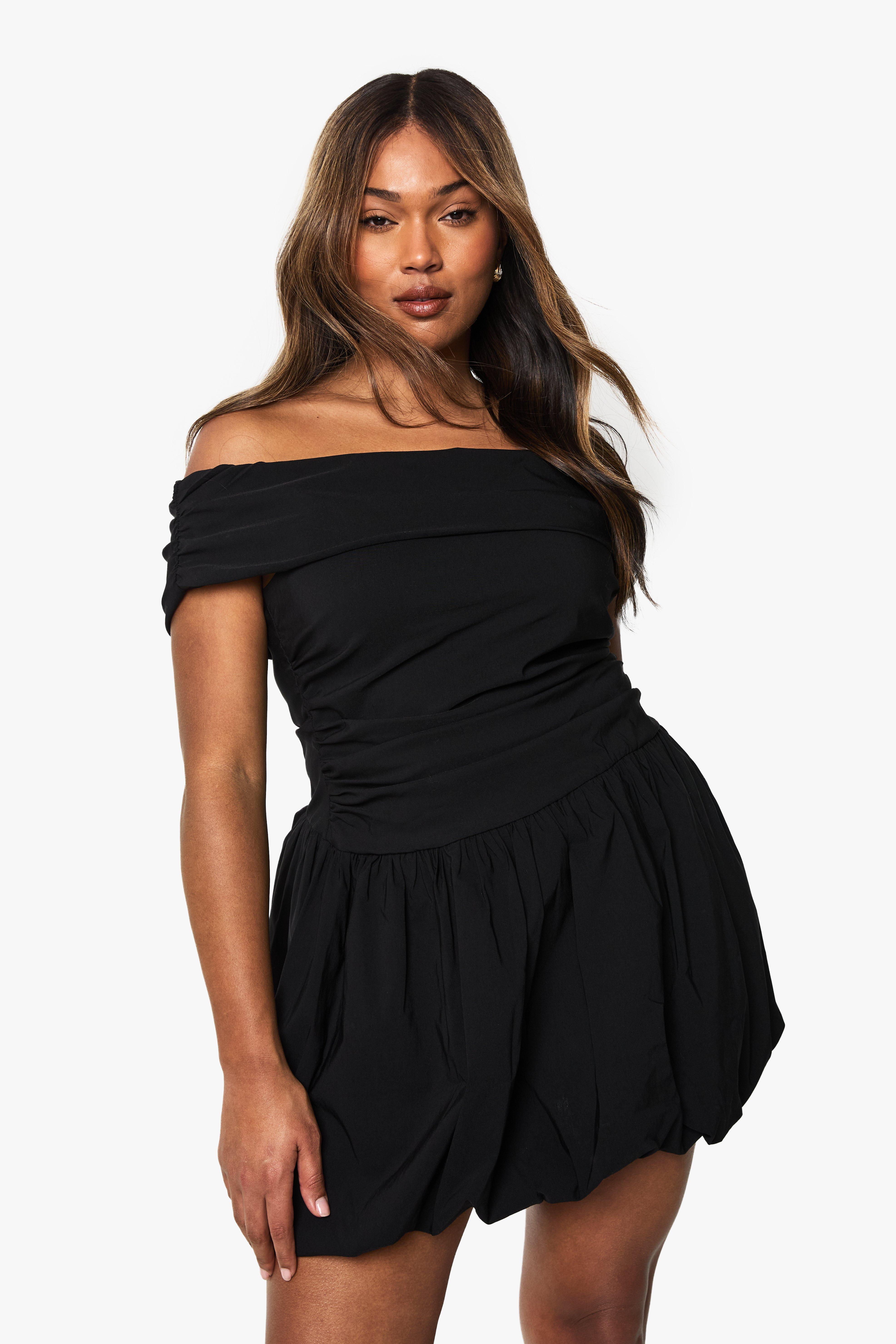 Boohoo Plus Geplooide Bengaline Mini Jurk Met Pofmouwen, Black