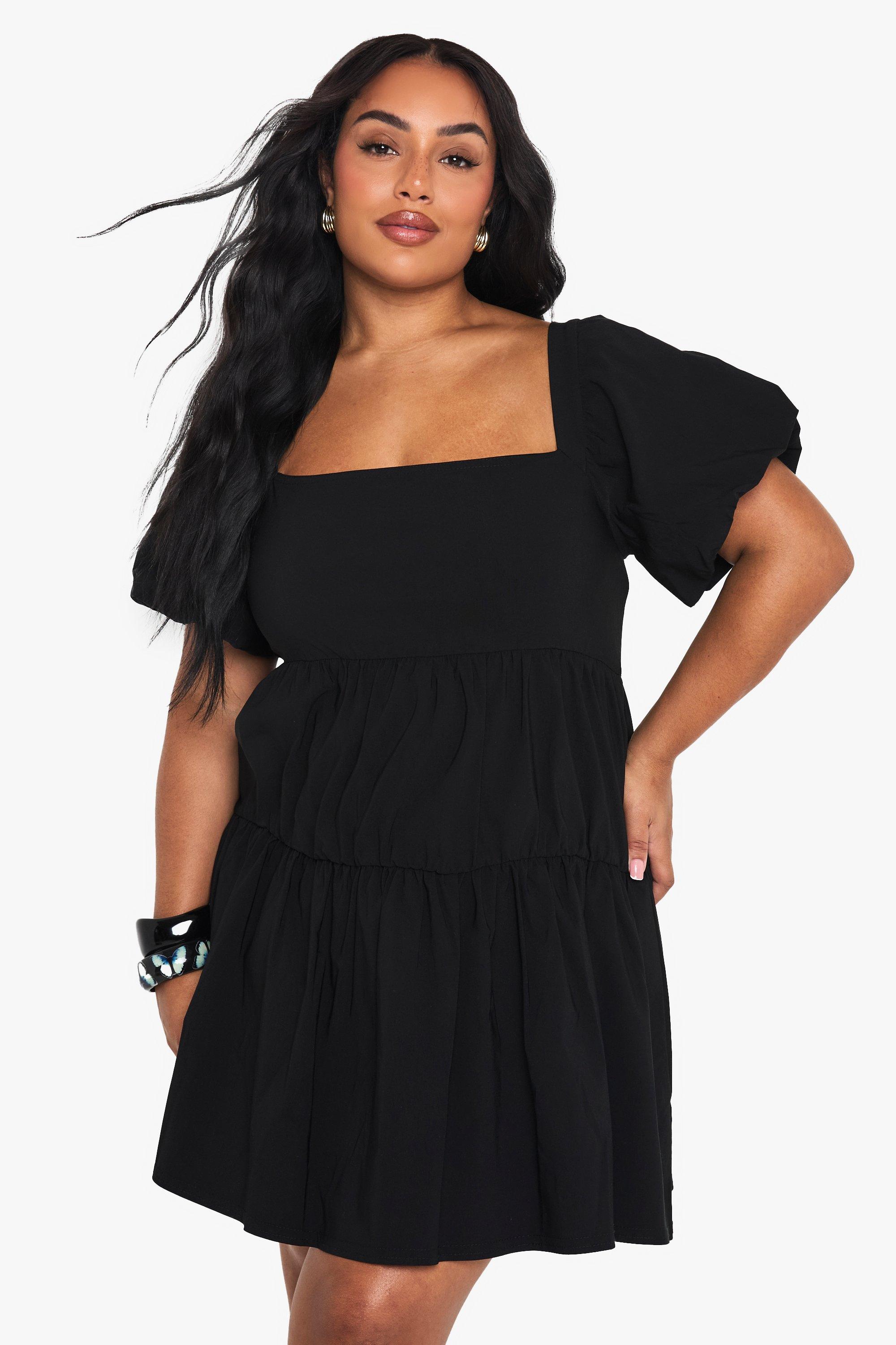 Image of Vestito grembiule Plus Size con balze e maniche a sbuffo estremo, Nero