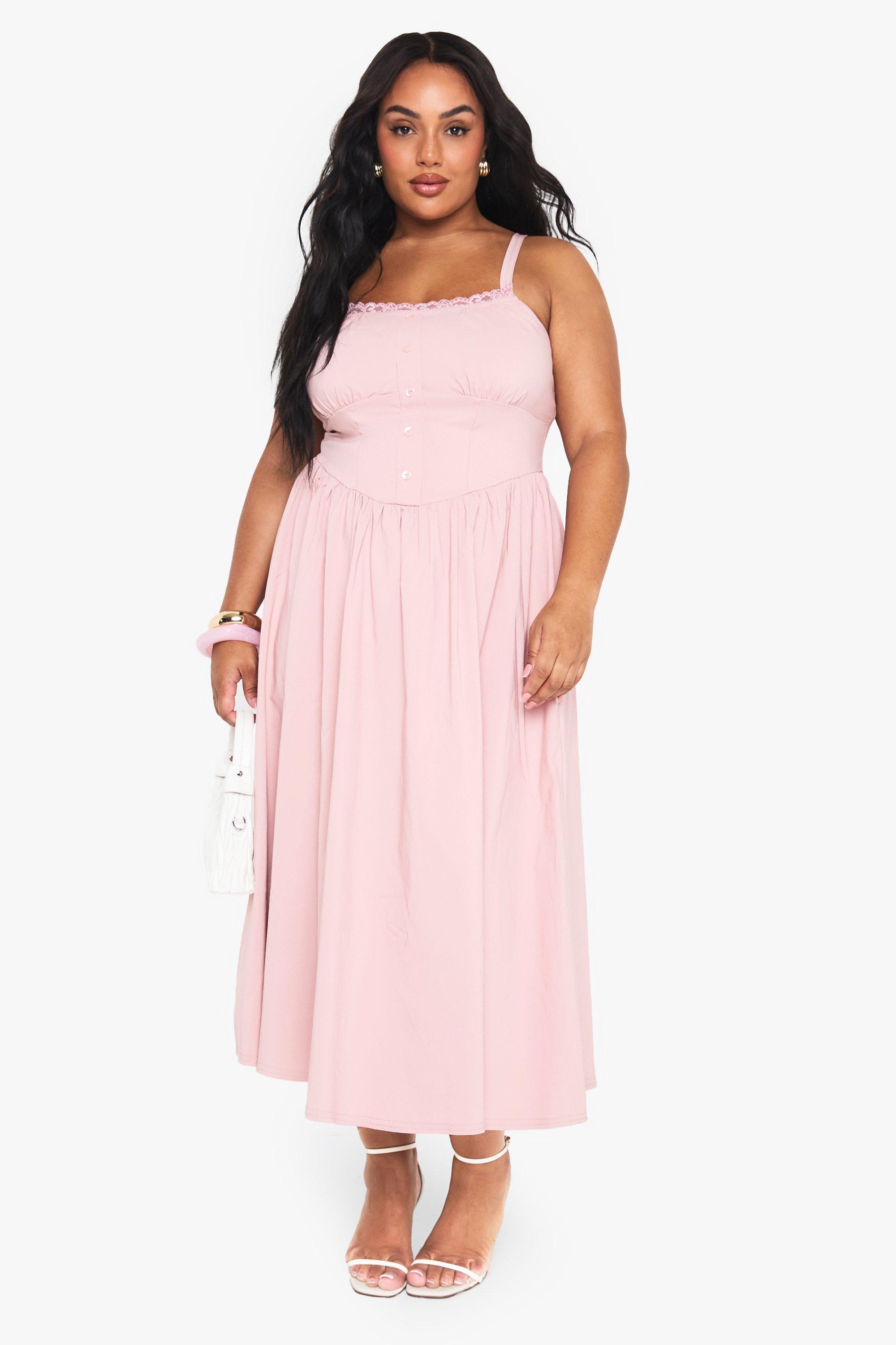 Boohoo Plus Bengaline Midaxi Skater Jurk Met Kanten Zoom, Soft Pink