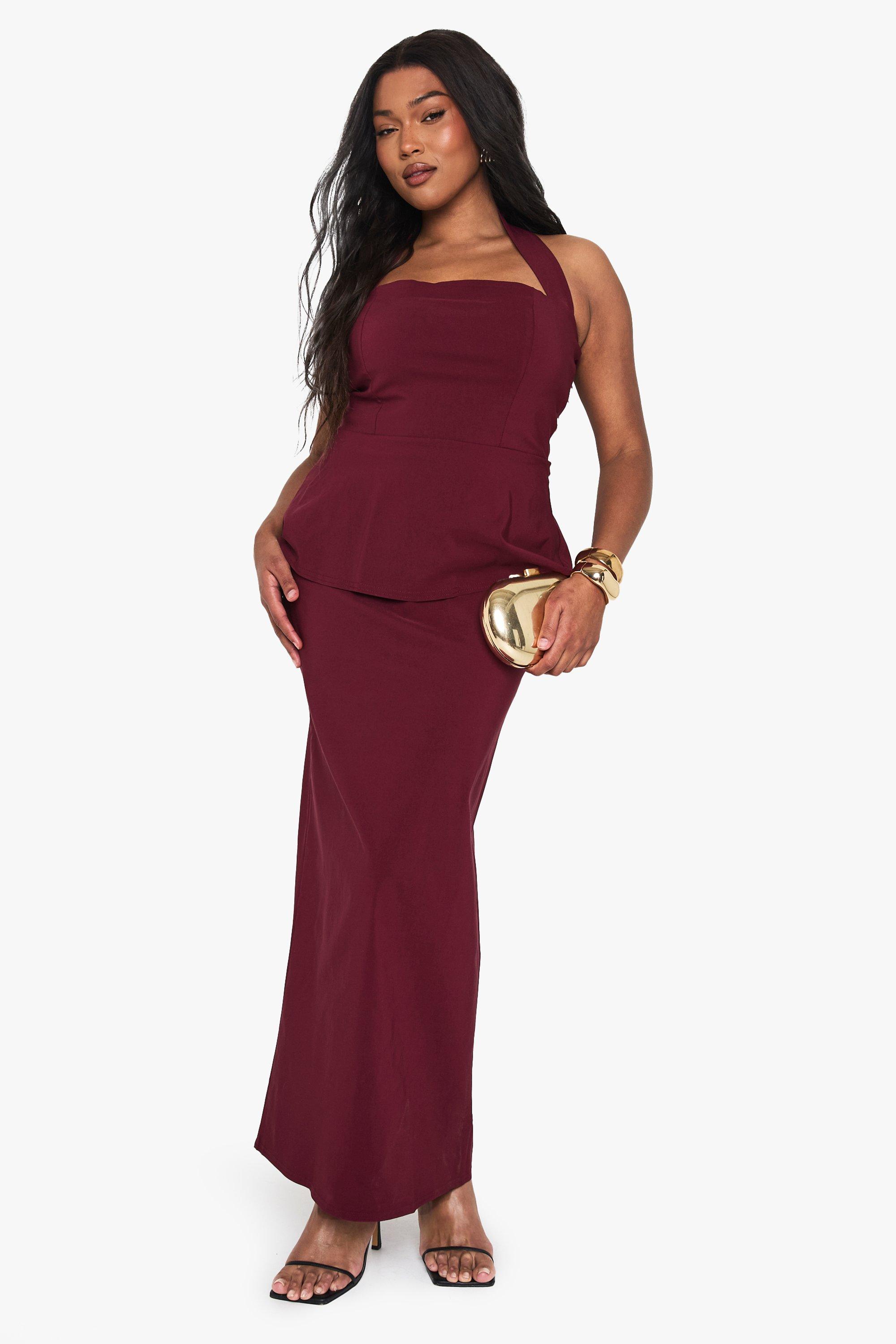 Boohoo Plus Getailleerde Maxi Jurk Met Halter Neck, Wine