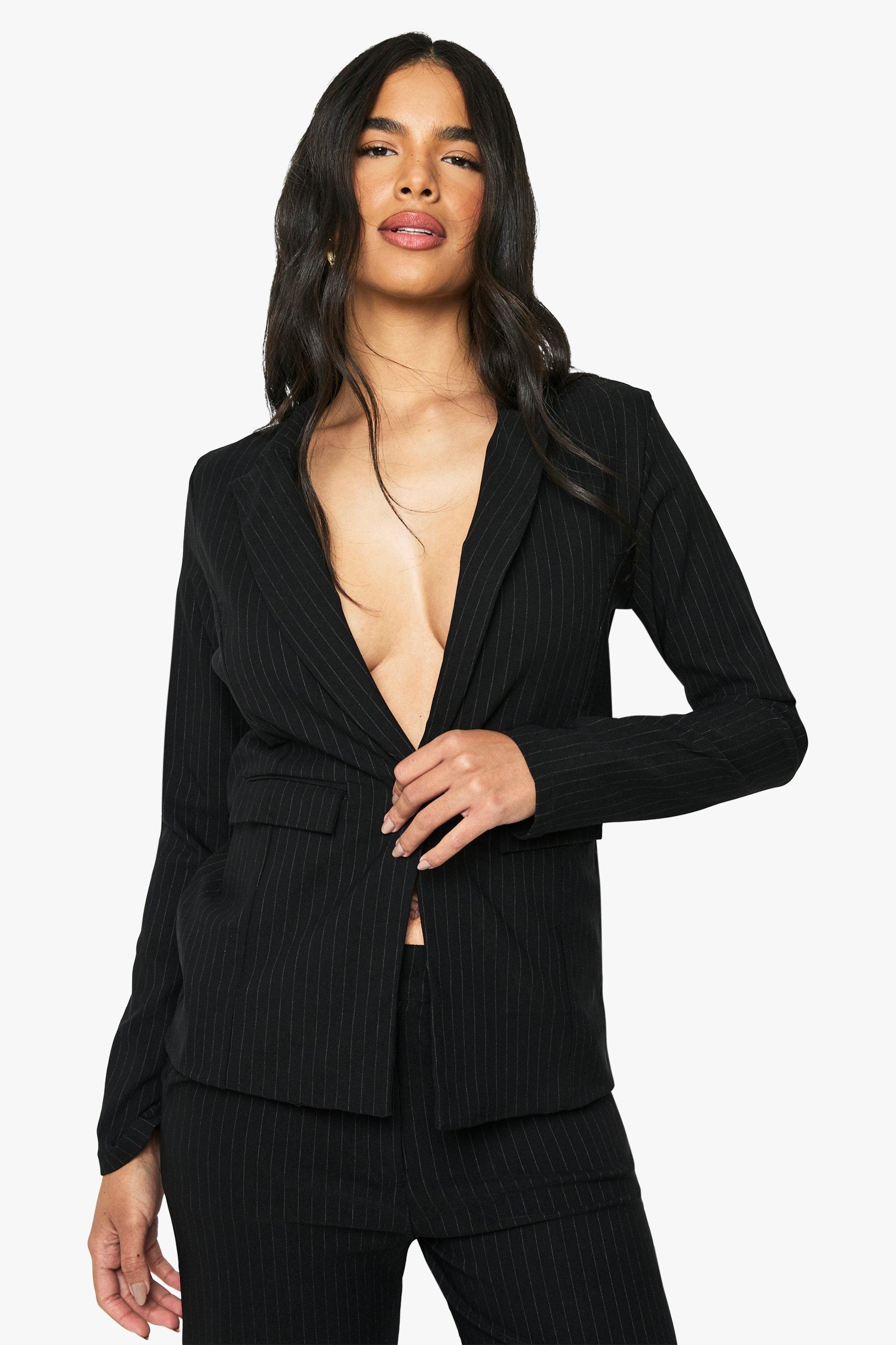 Boohoo Bengaline Blazer Met Krijtstrepen En Enkele Rij Knopen, Black
