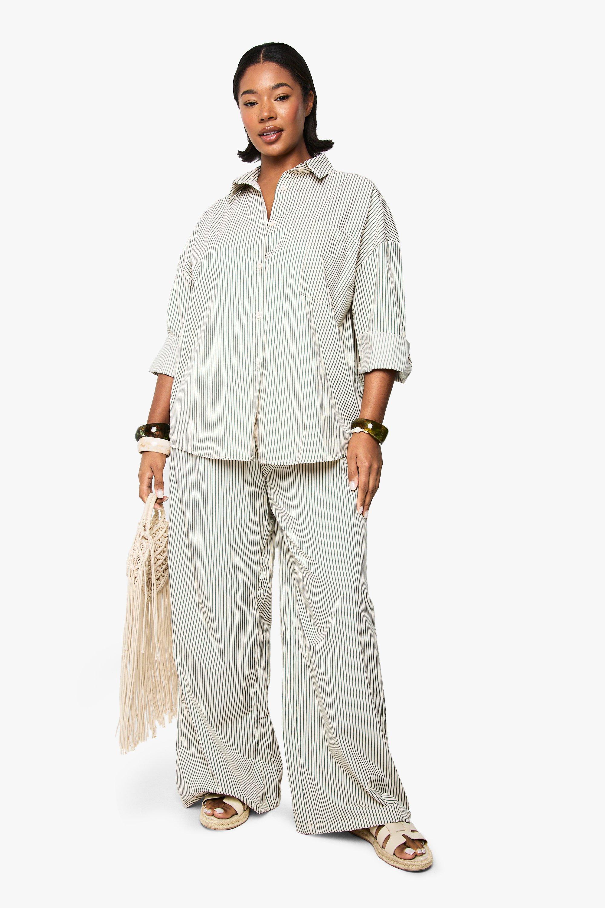 Image of Pantaloni a gamba ampia Plus Size elasticizzati a righe intrecciate, Verde