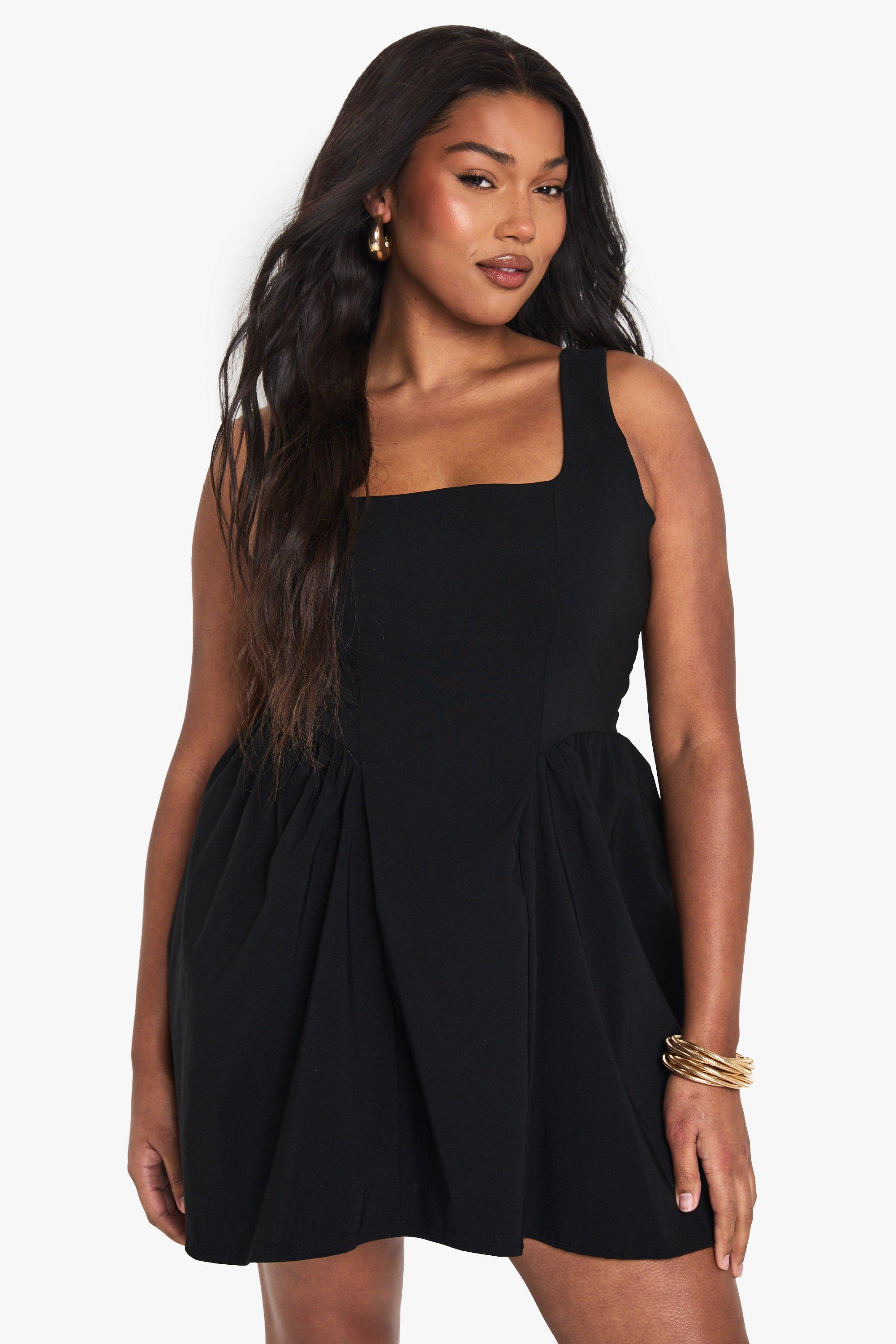 Image of Vestito Skater Plus Size con scollo quadrato e ruches, Nero