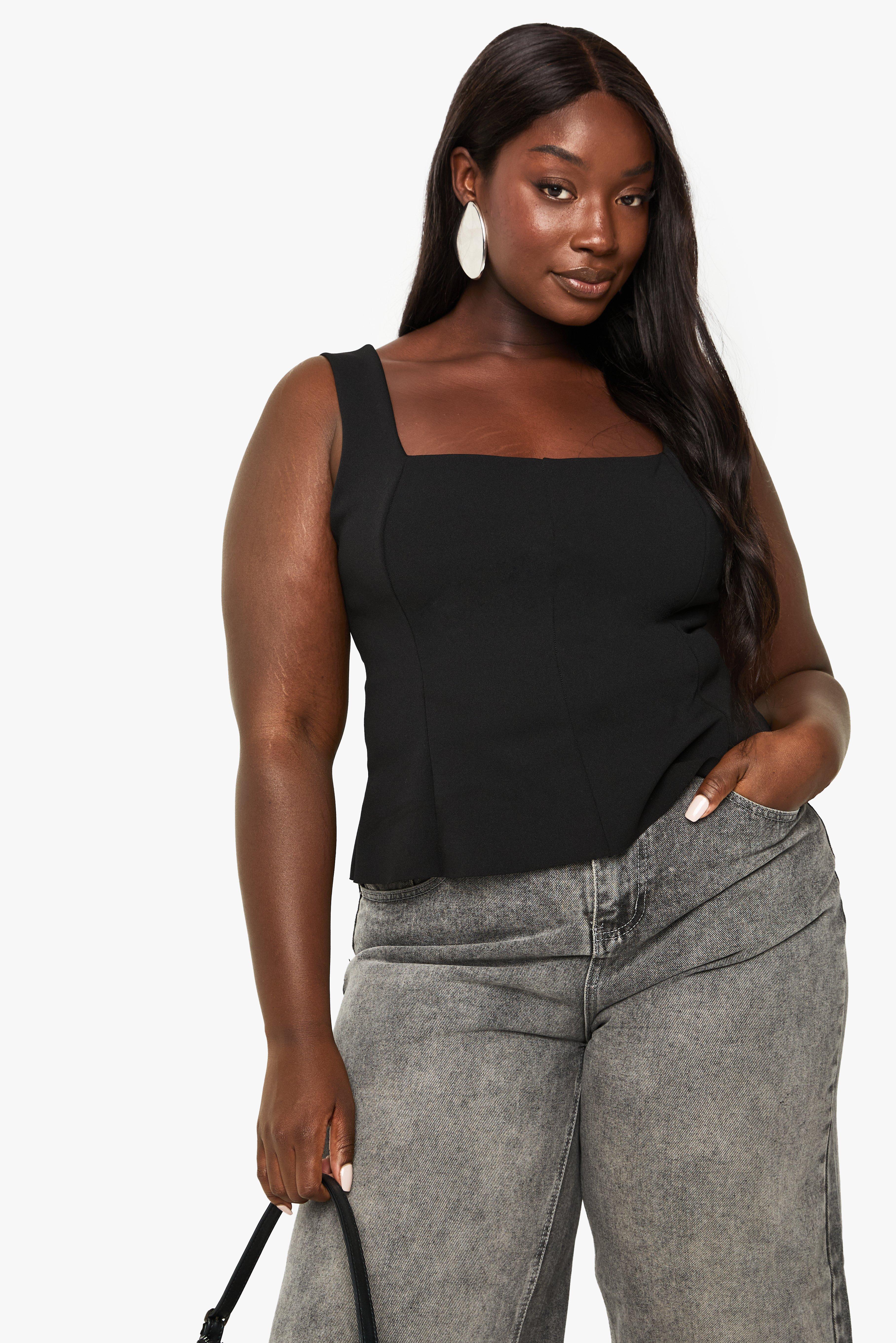 Boohoo Plus Dubbele Bengaline Top Met Structuur En Paneel, Black