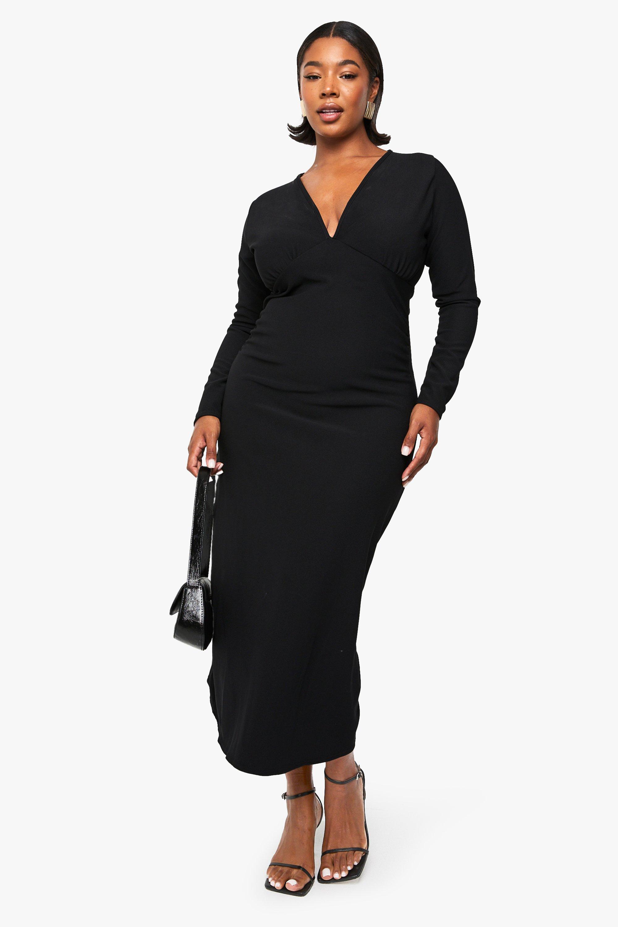 Boohoo Plus Geribbelde Geplooide Midaxi Jurk, Black