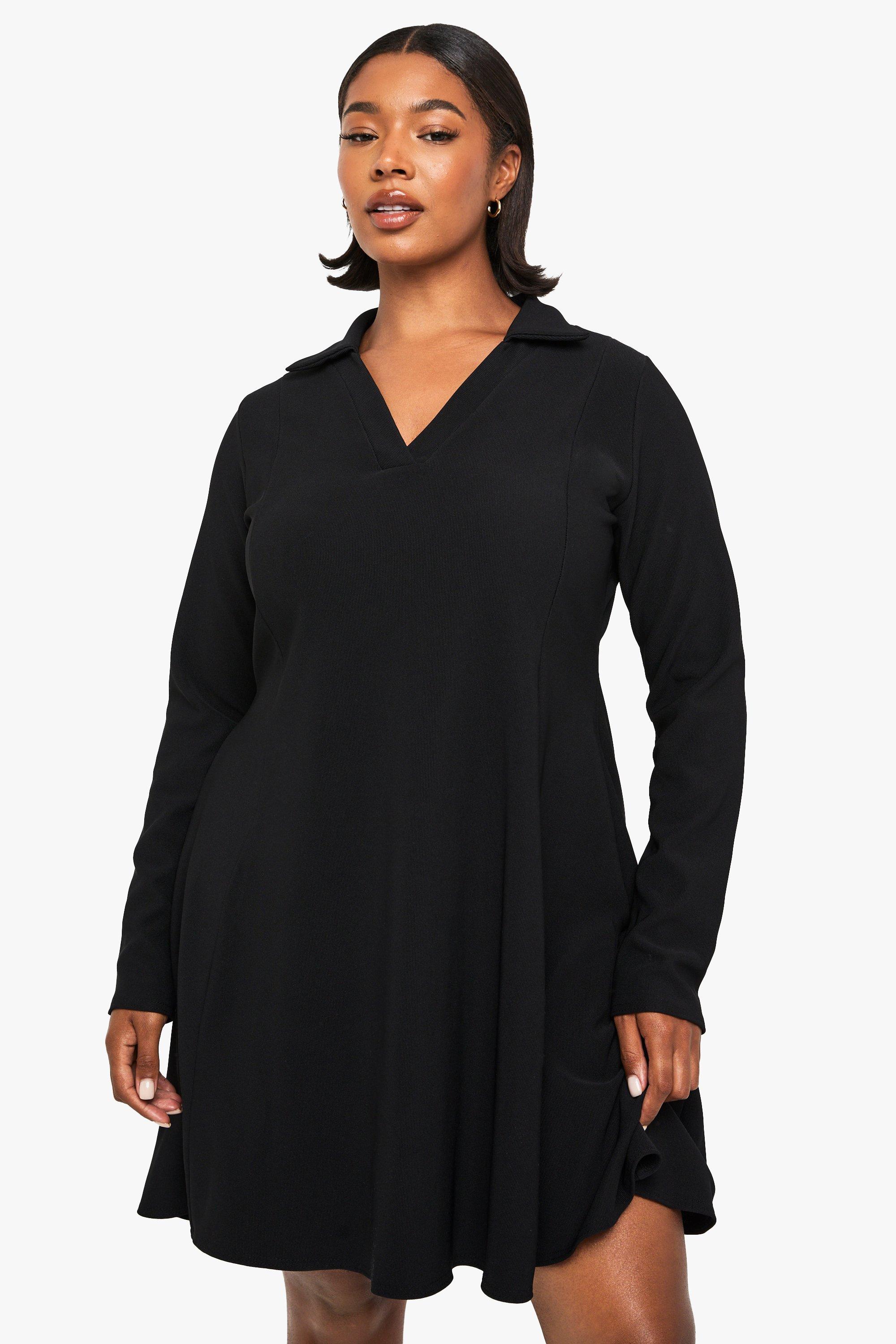 Boohoo Plus Geribbelde Skater Jurk Met Kraag, Black