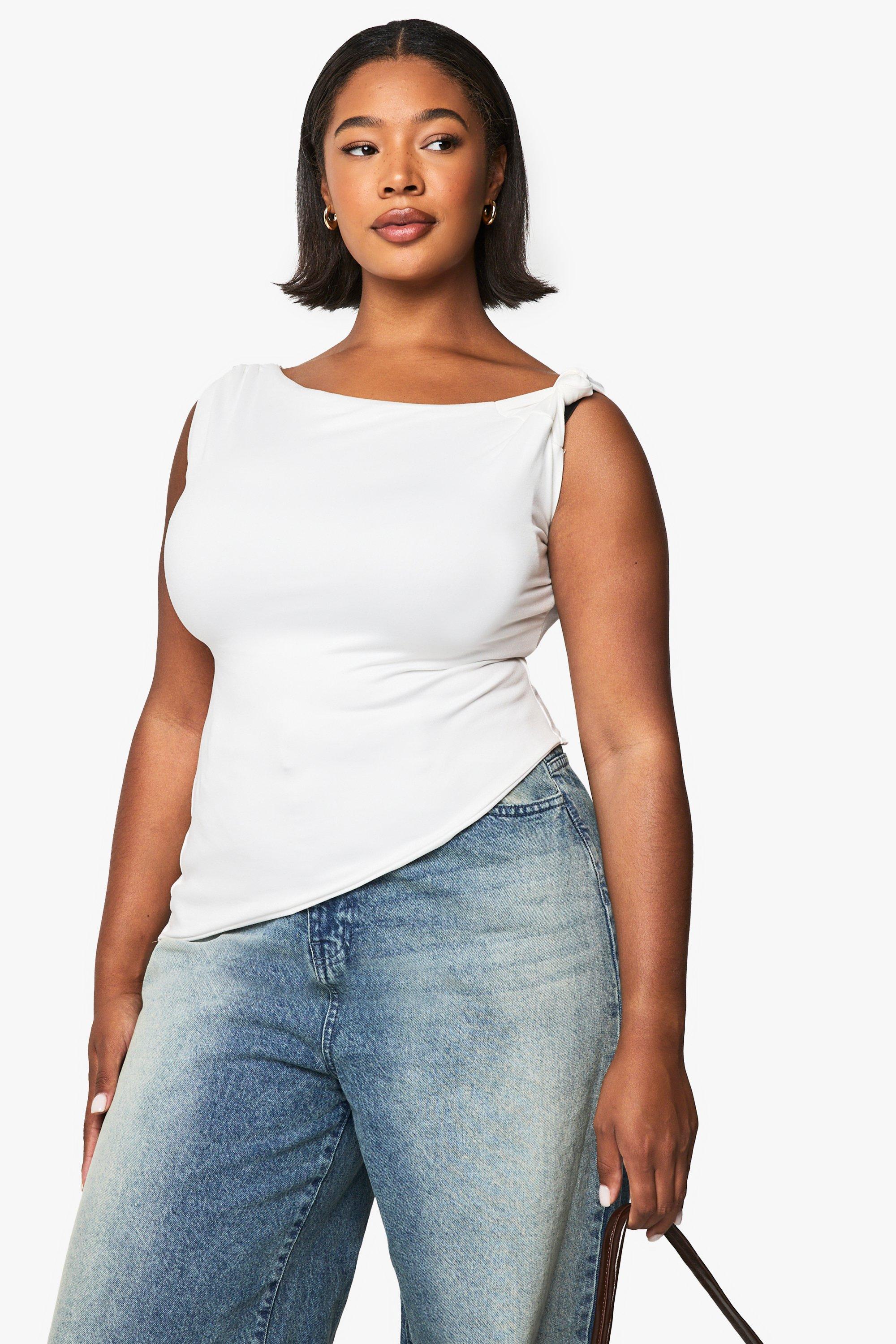 Image of Top Plus Size asimmetrico con spalle scoperte e nodo, Bianco
