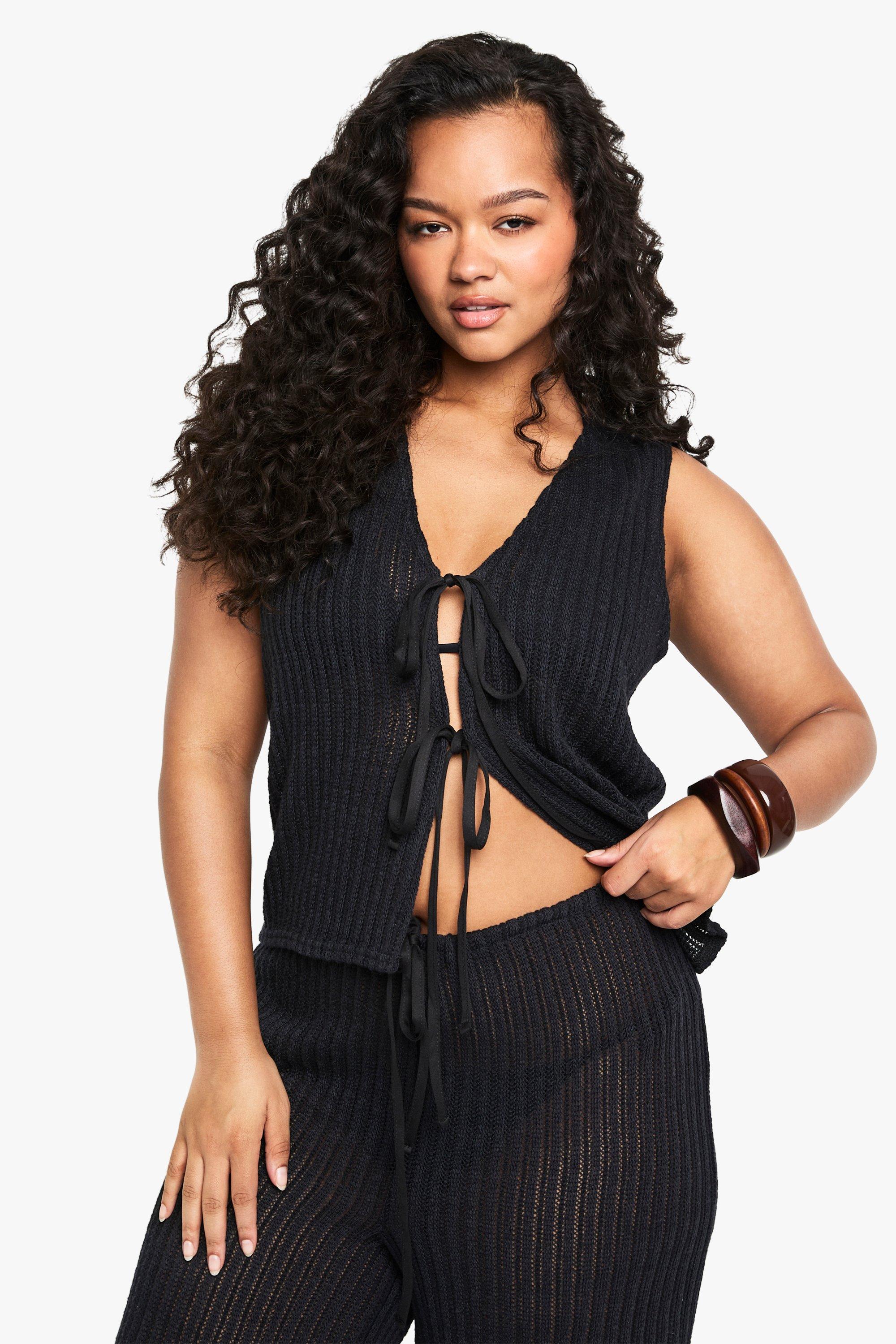Image of Top Da Mare Plus Size Con Laccetti Frontali, Nero