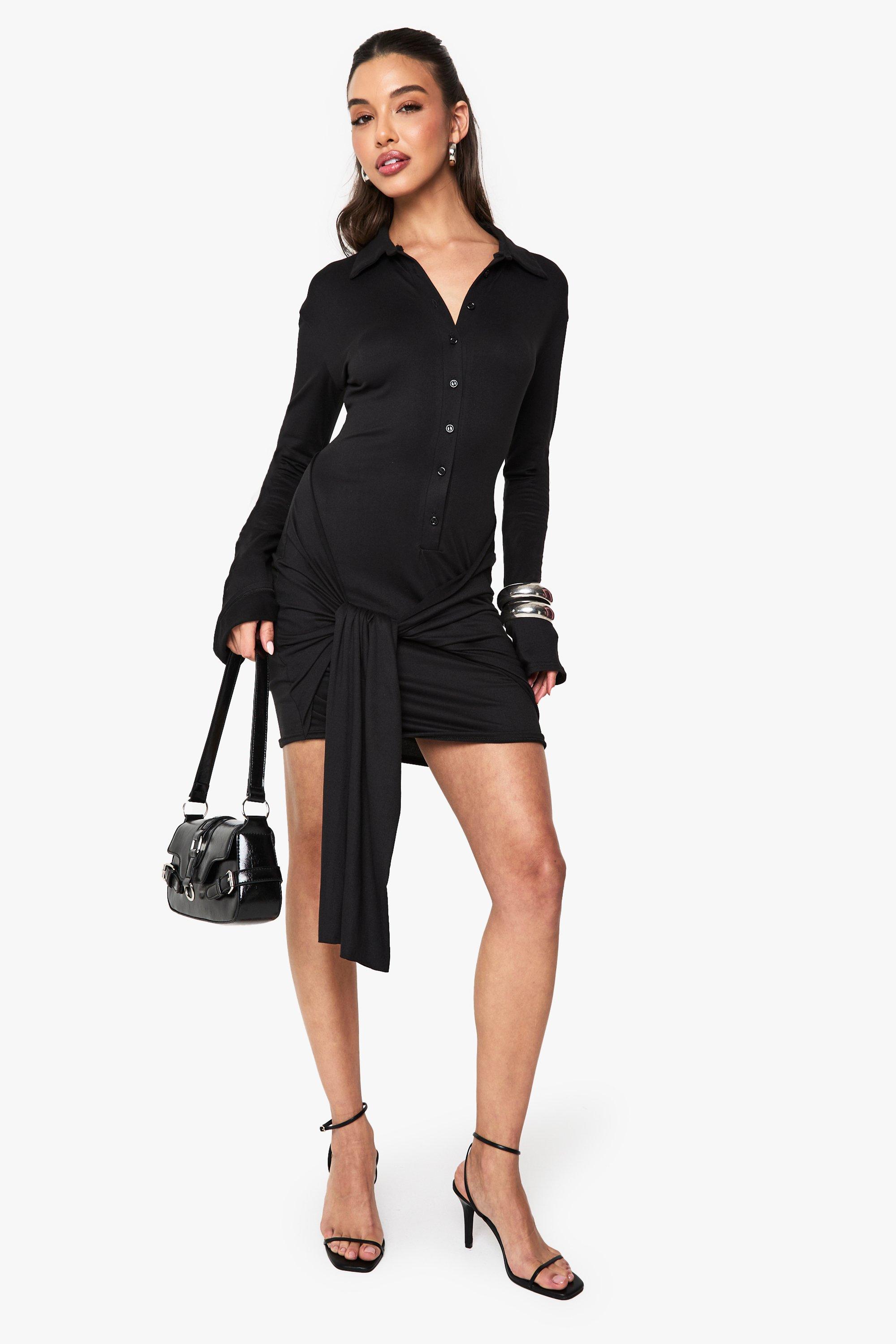Boohoo Gedrapeerde Mini Jurk Met Knopen, Black