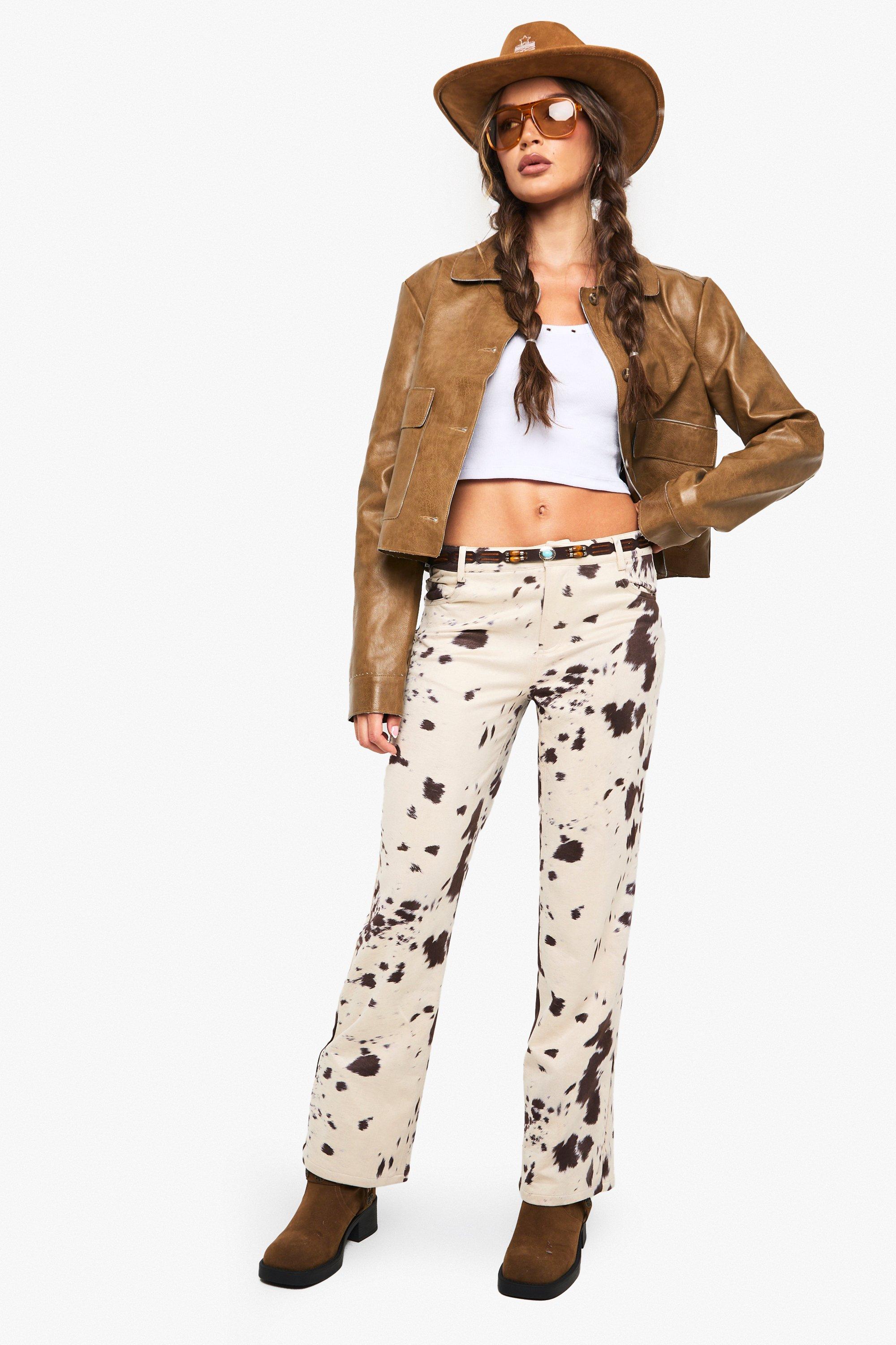 Image of Pantaloni a zampa in scamosciato sintetico con stampa effetto pelle di mucca, Brown