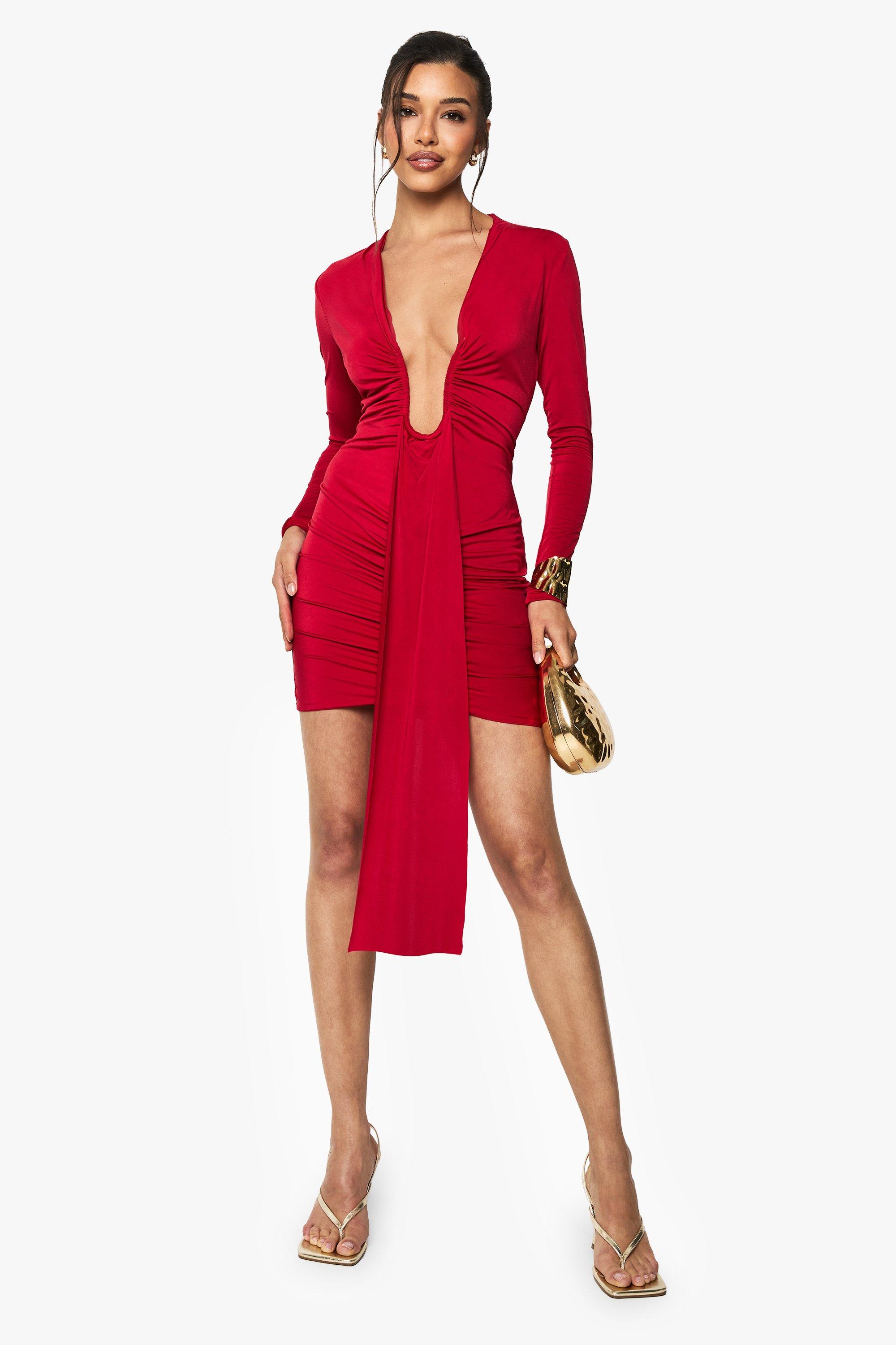 Boohoo Strakke Geplooide Mini Jurk Met Laag Decolleté, Red
