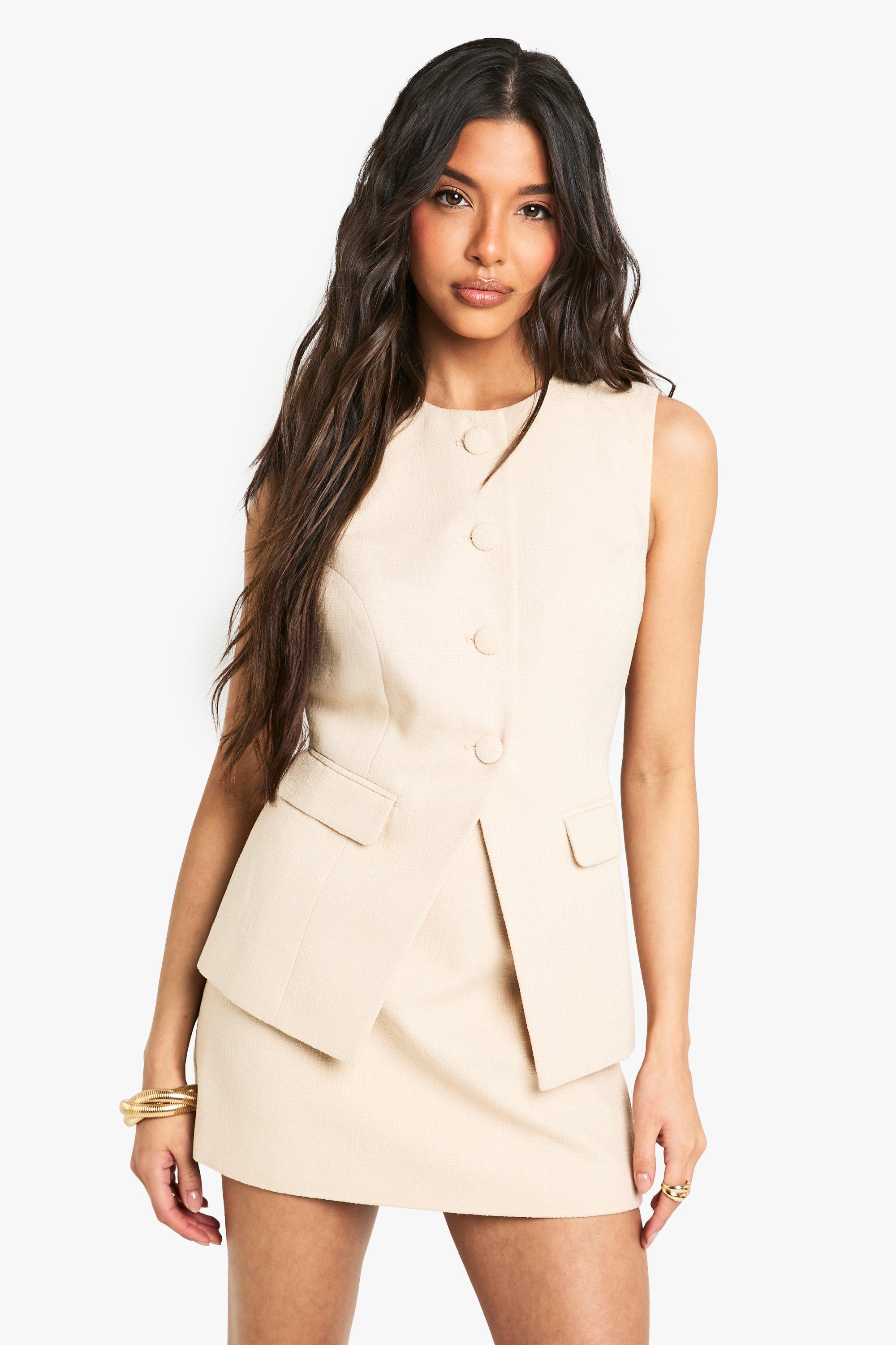 Boohoo Getailleerd Bouclé Mini Rokje, Beige