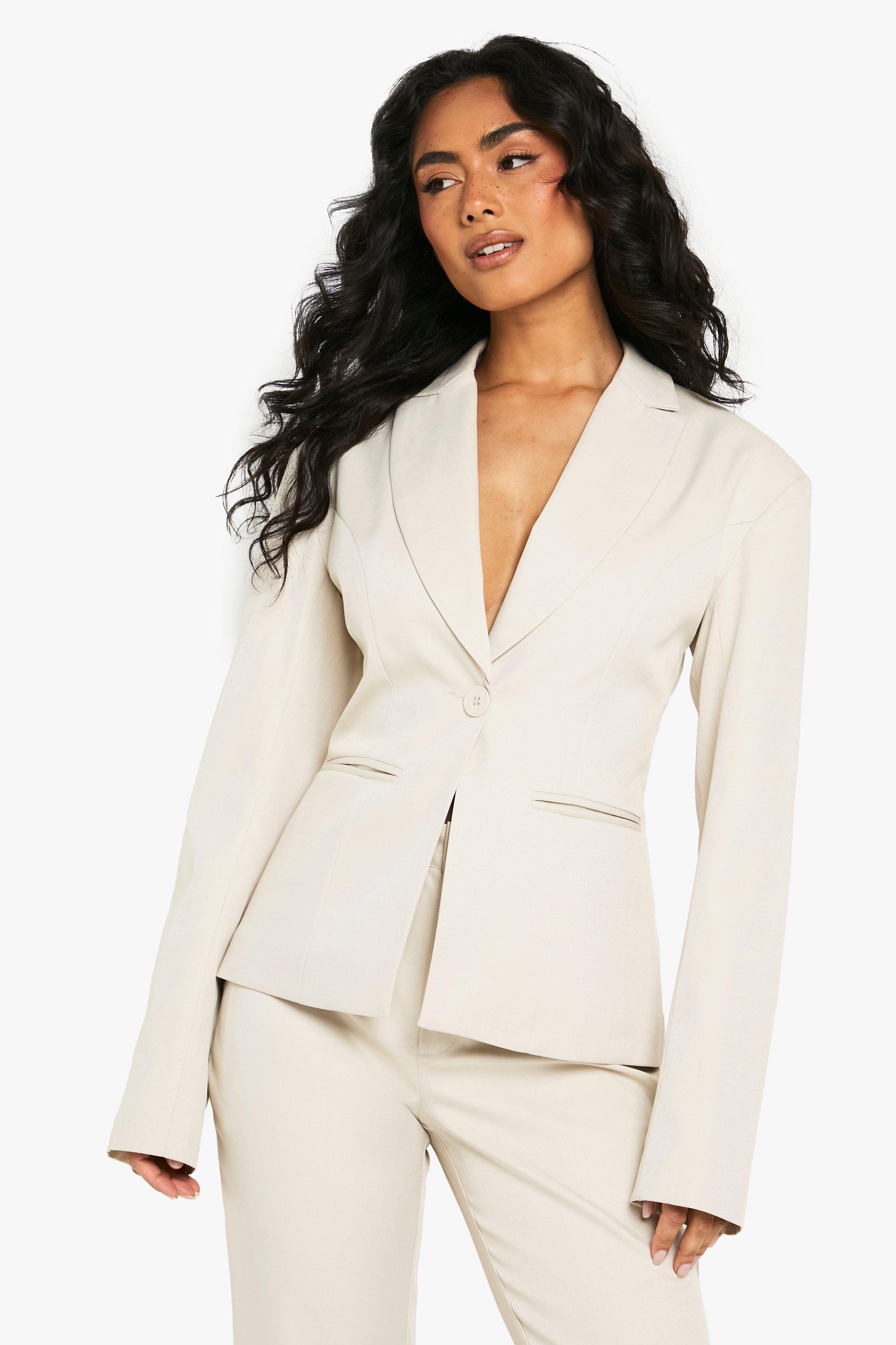 Boohoo Getailleerde Blazer Met Schouderpads En Geplooide Taille, Stone