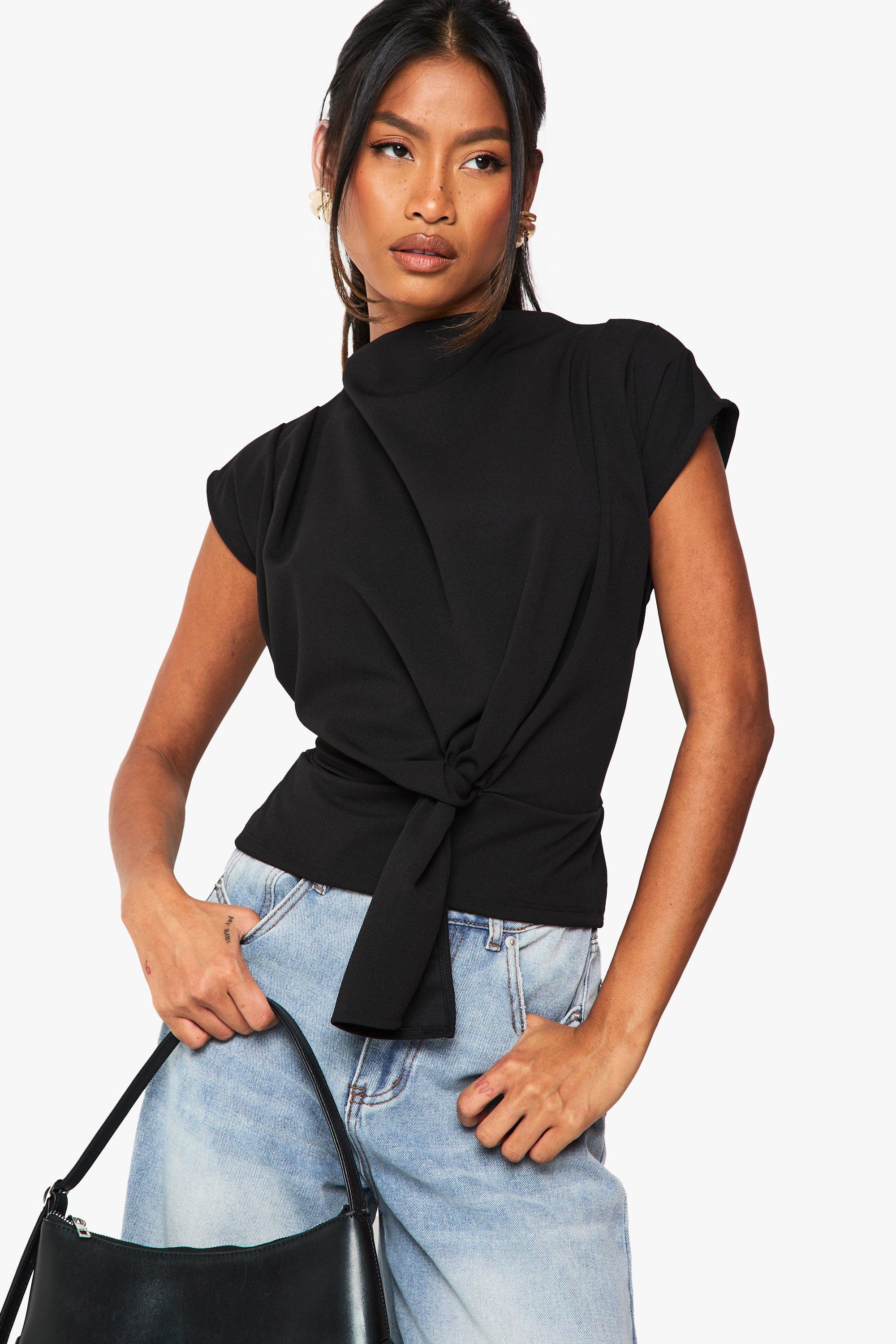 Image of Blusa In Crêpe Con Nodo E Scollo A Cappuccio, Nero