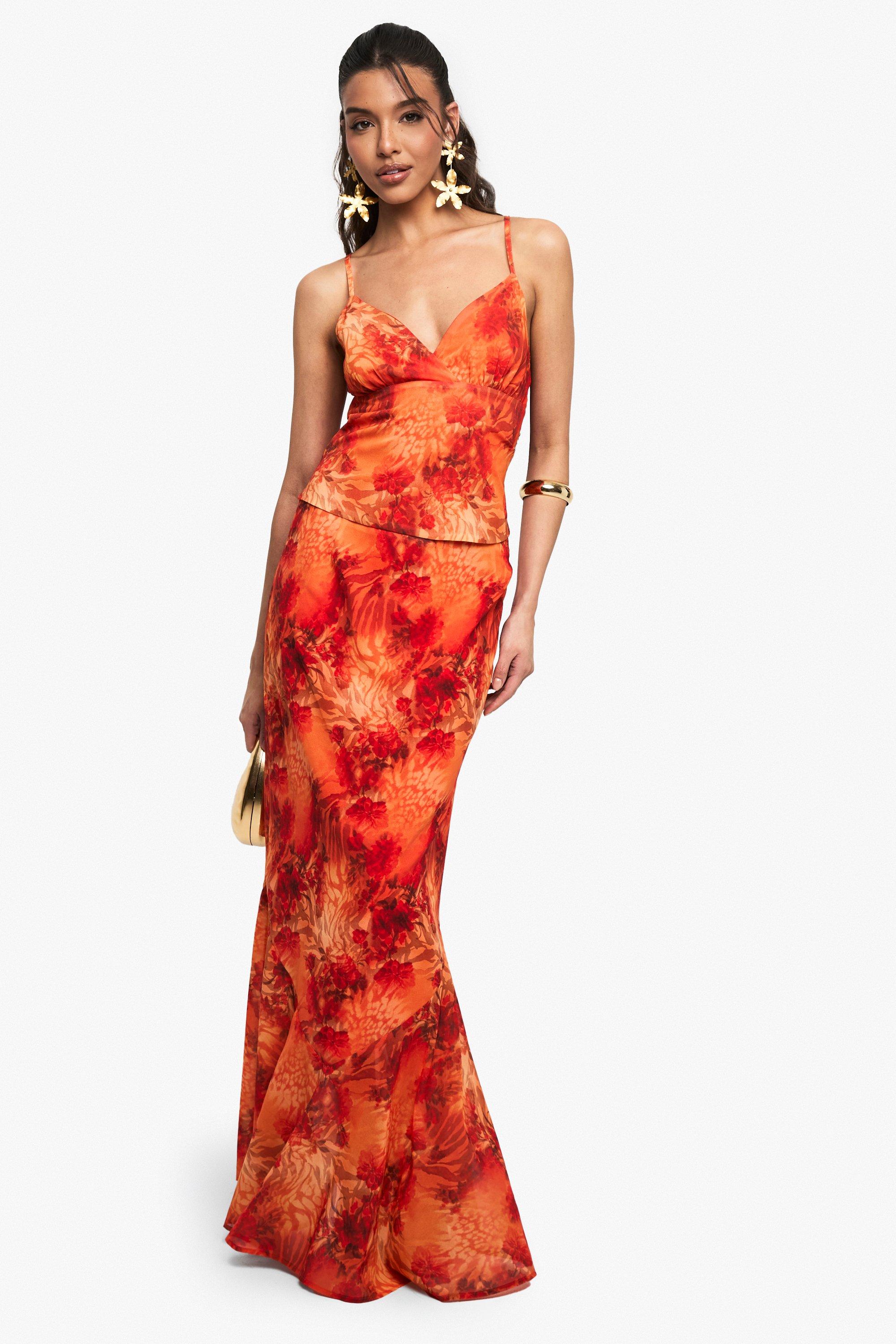 Boohoo Chiffon Bloemen Maxi Rok, Orange