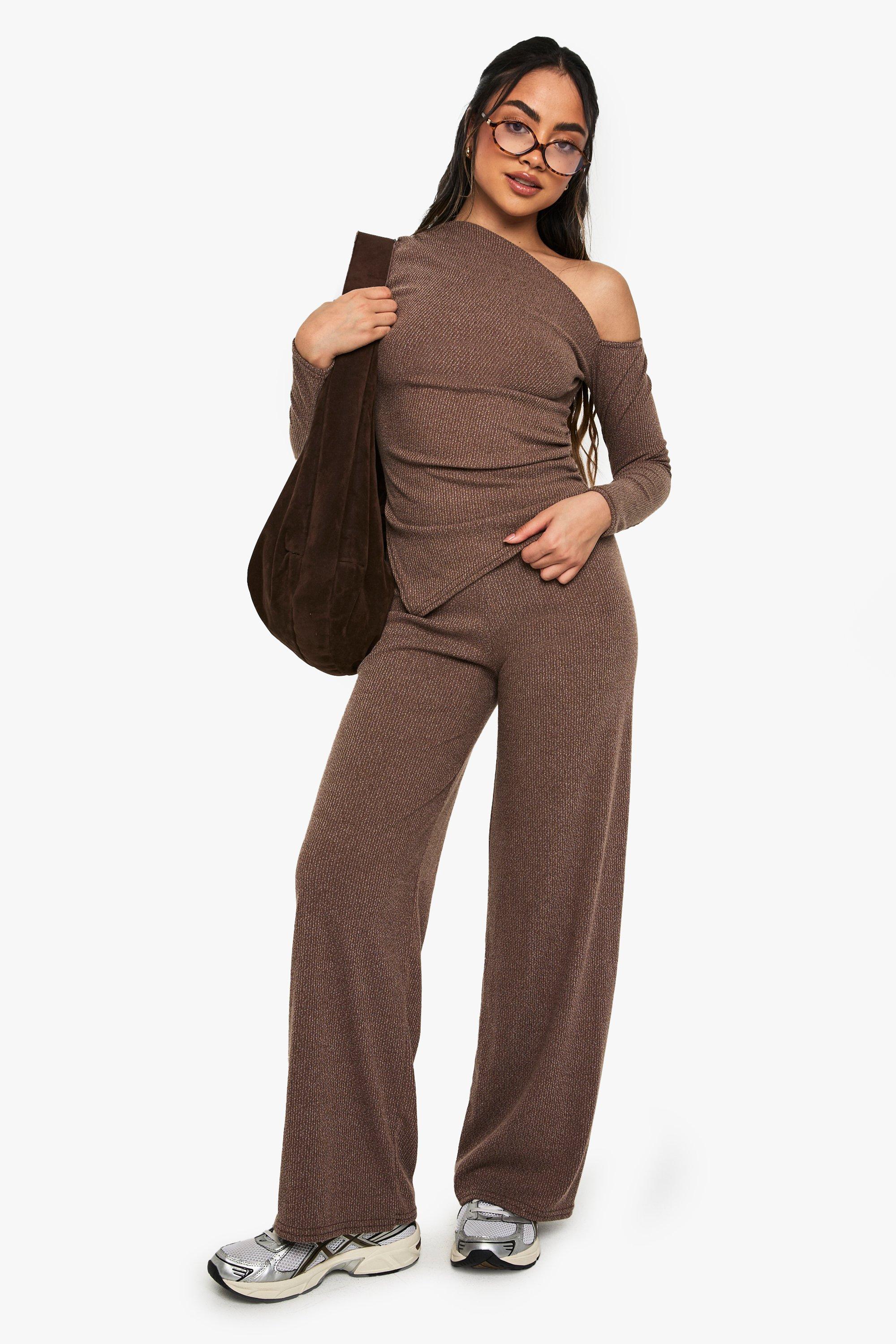 Image of Pantaloni a gamba ampia a coste, Brown