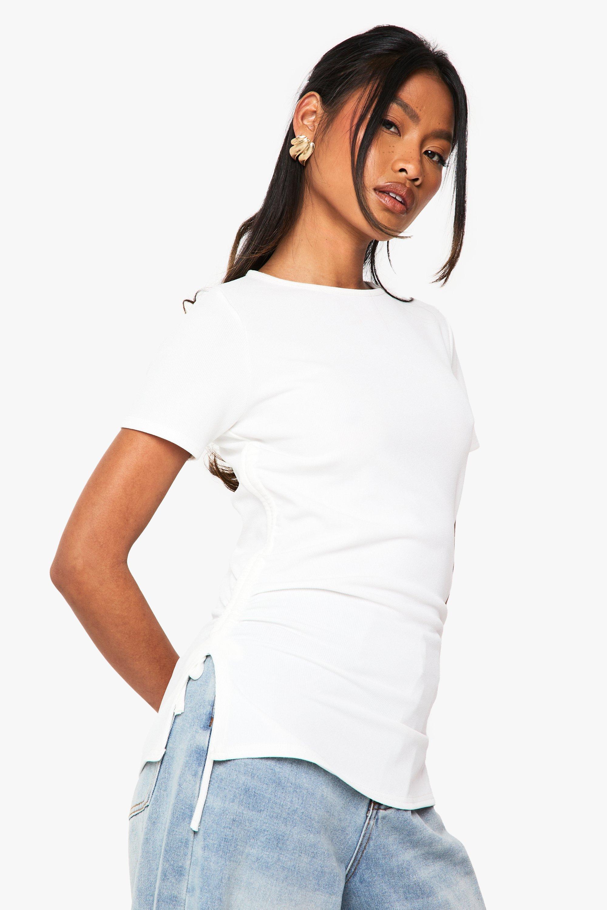 Image of T-shirt a coste con ruches laterali, Bianco