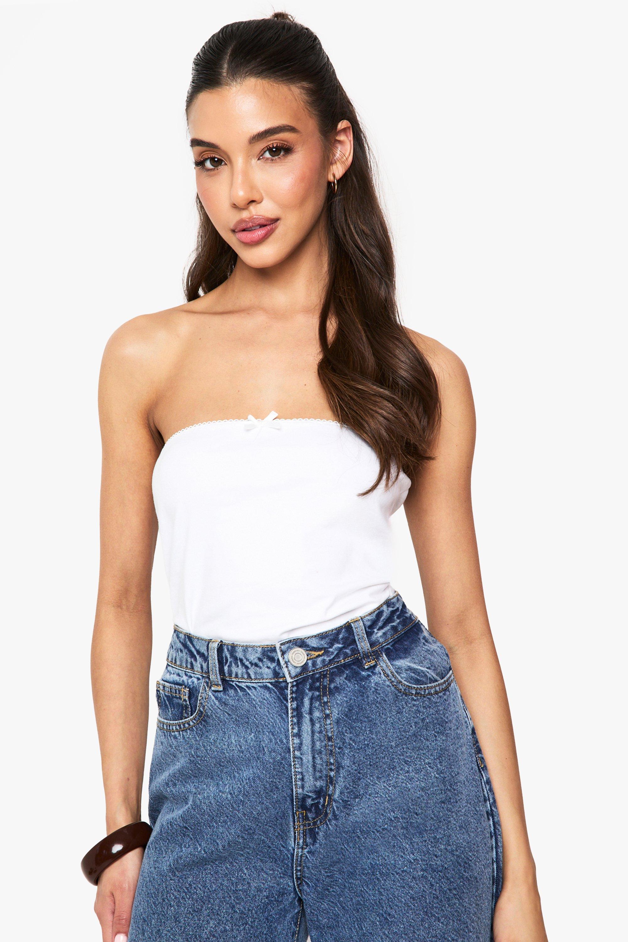 Boohoo Katoenen Bandeau Top Met Strik, White