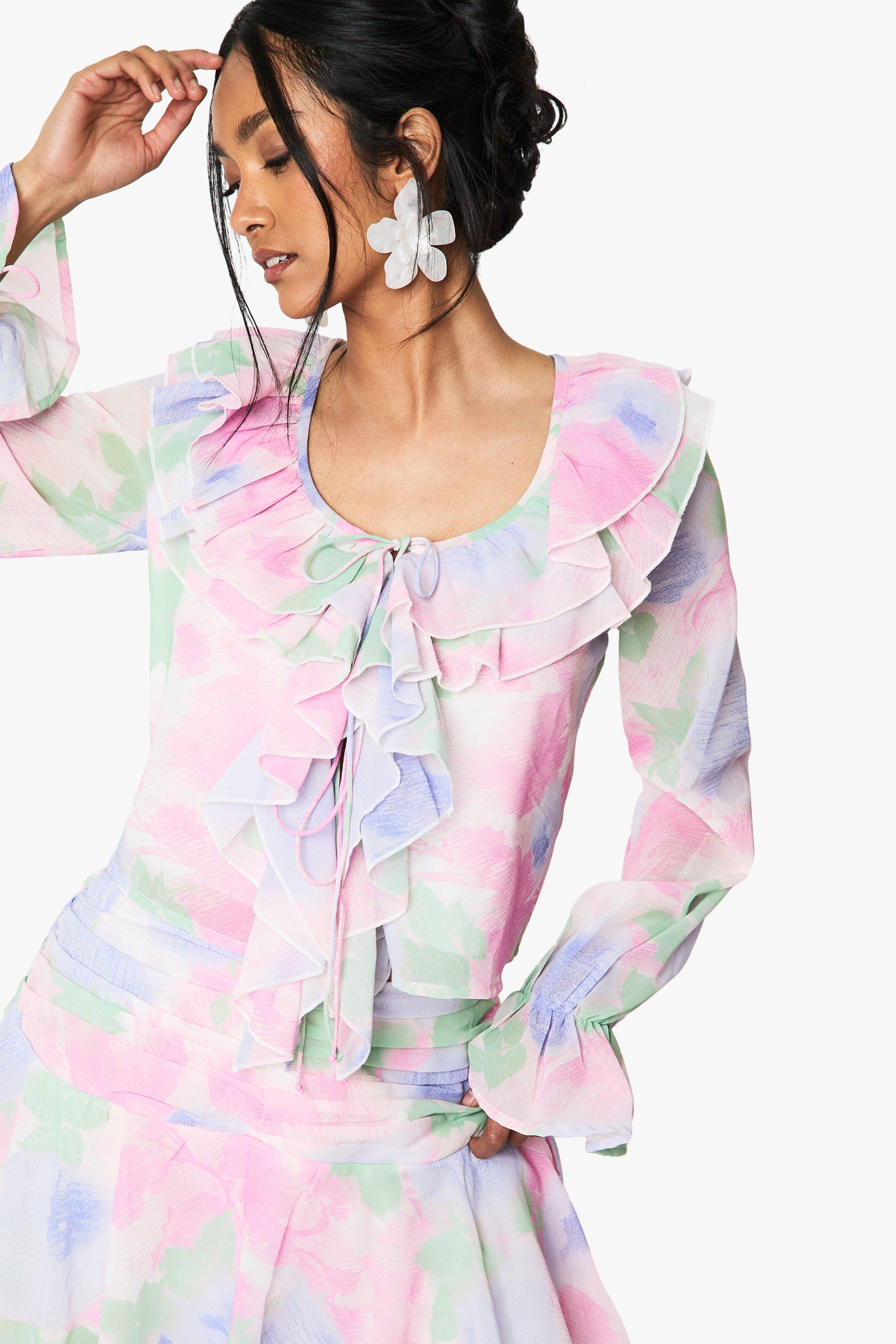 Image of Blusa in chiffon a fiori con arricciature, Pink