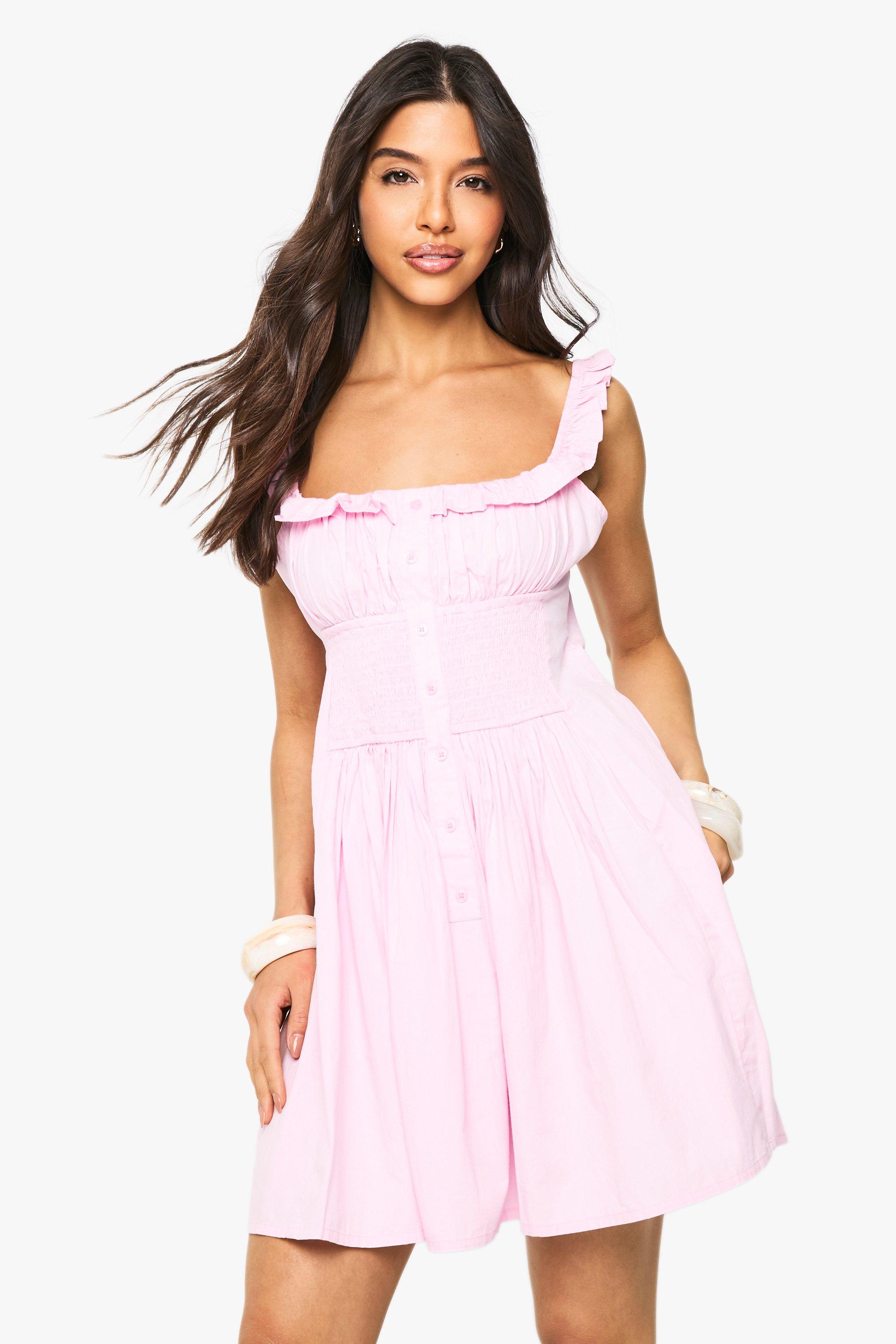 Boohoo Cotton Poplin Shirred Button Down Mini Dress, Pink