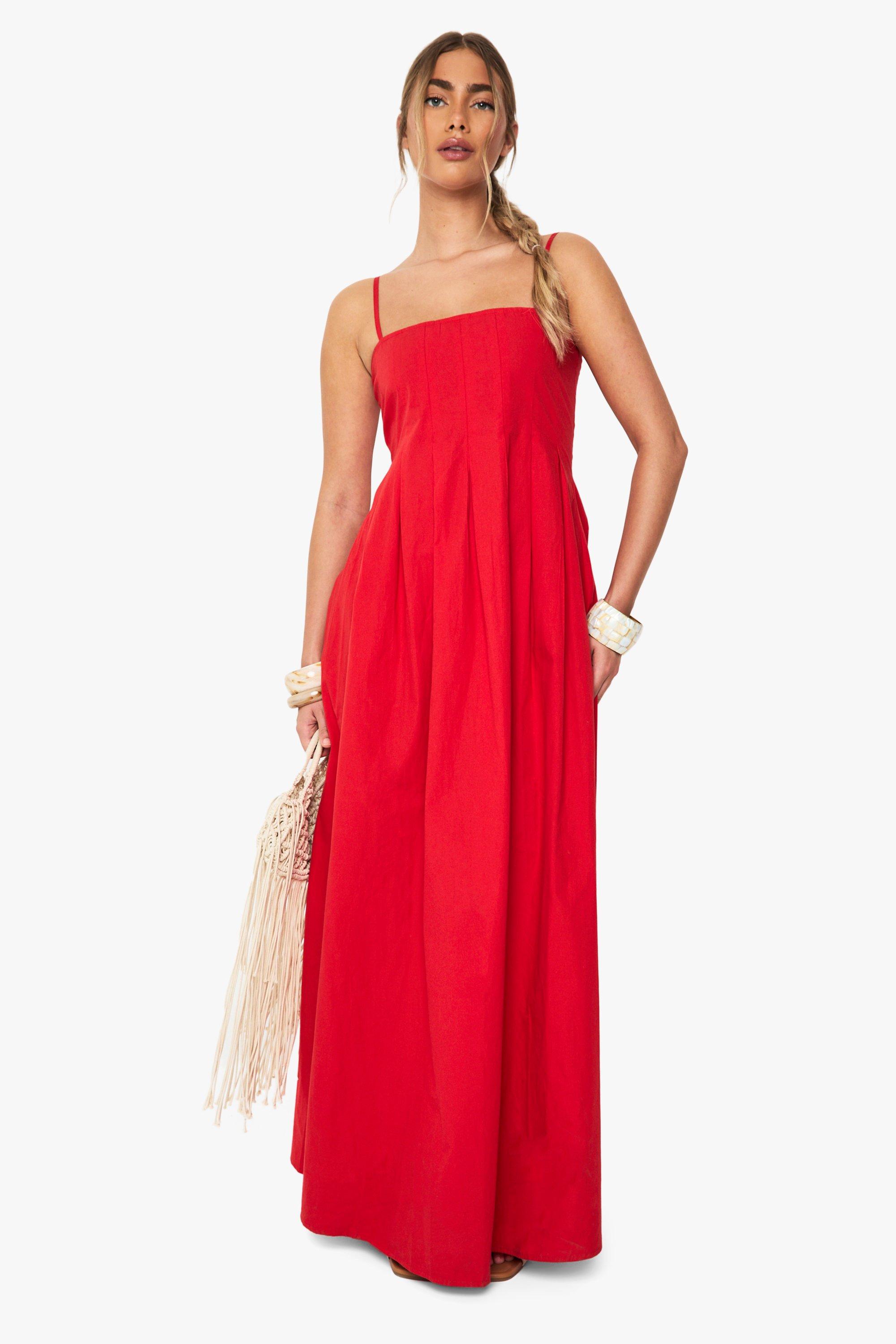 Boohoo Cotton Poplin Seam Detail Square Neck Maxi Dress, Red