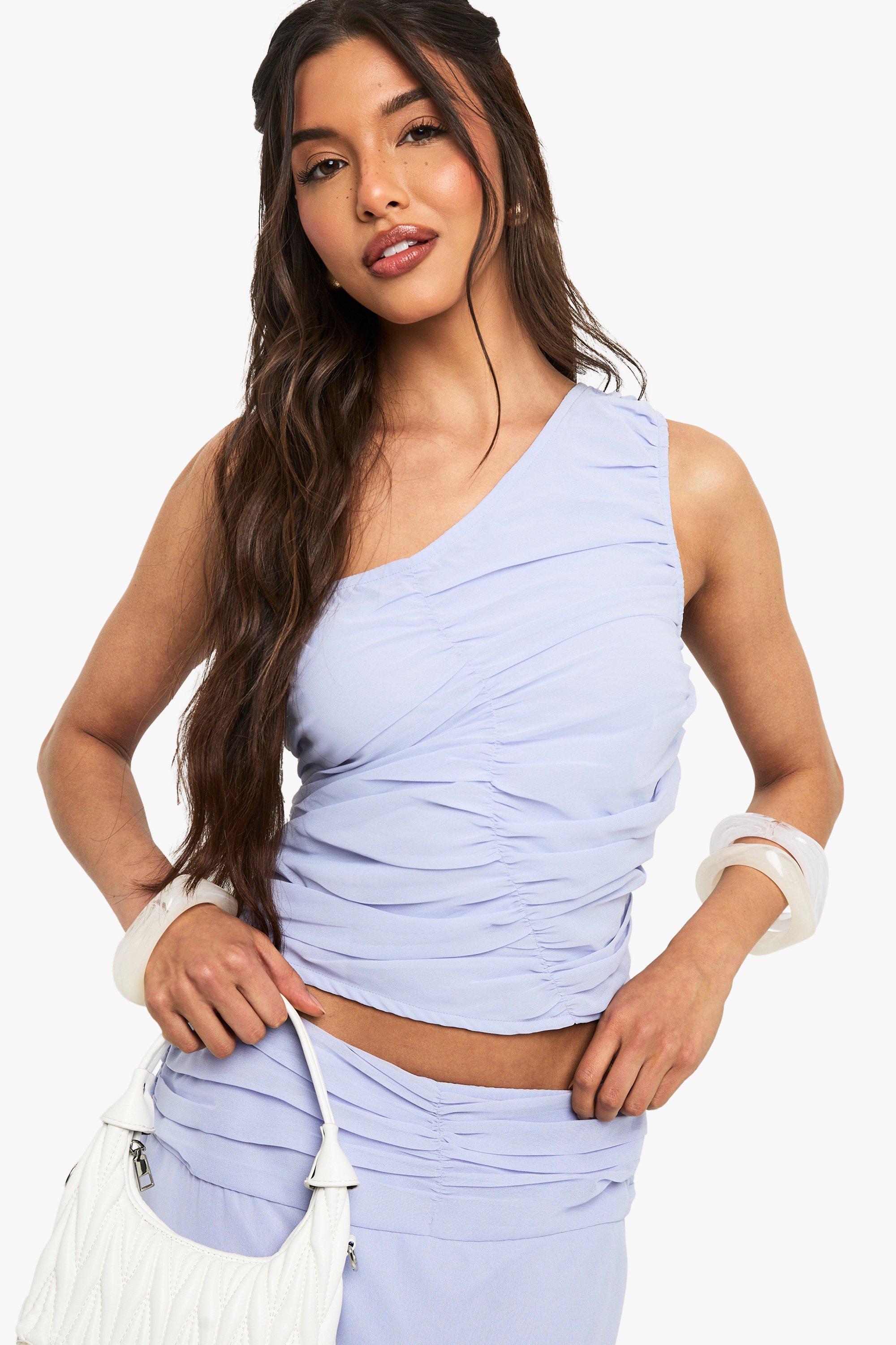 Image of Crop top monospalla in chiffon in tinta unita con ruches, Azzurro