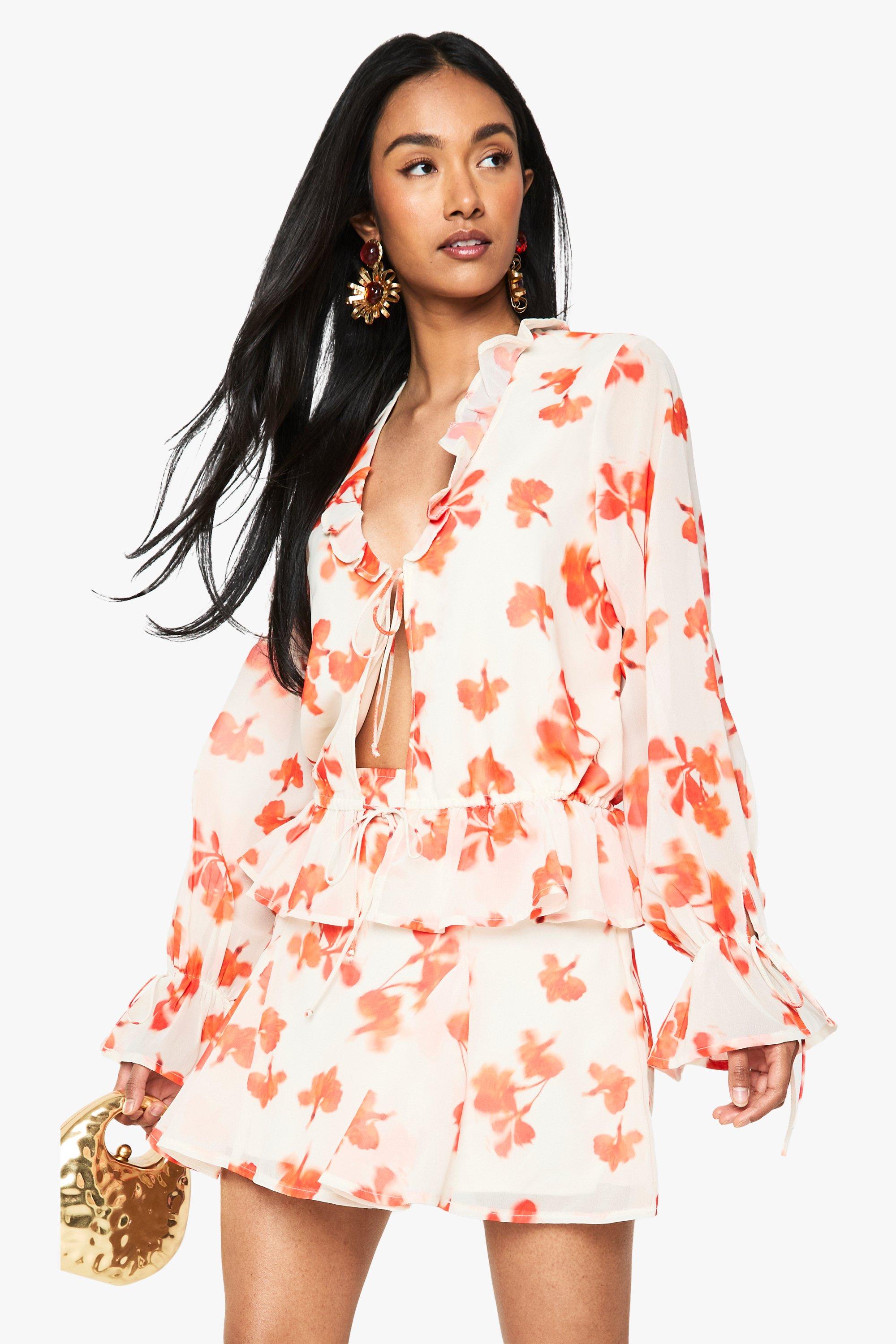 Boohoo Chiffon Bloemenprint Godet Mini Rokje, White