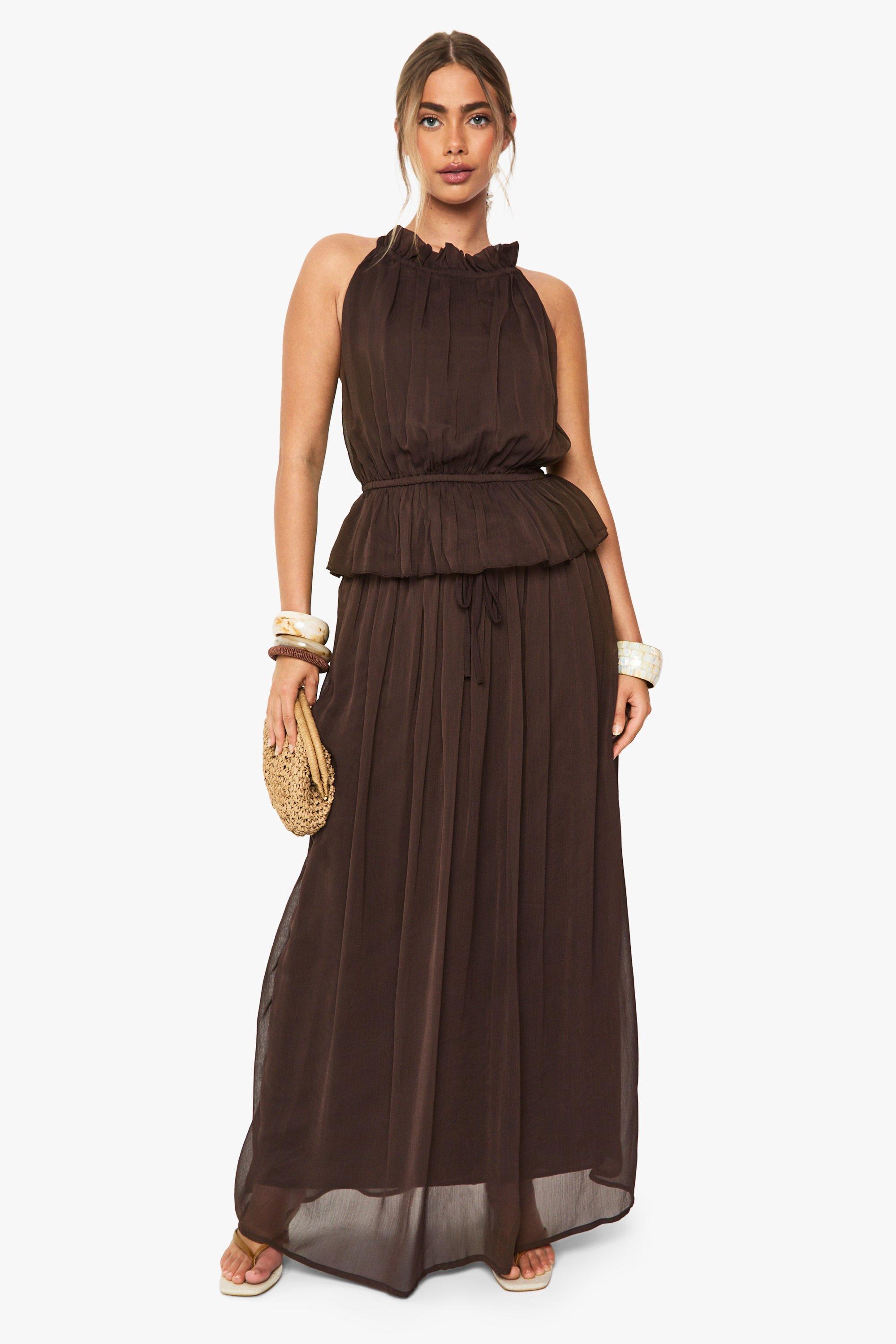 Boohoo Gekreukelde Chiffon Maxi Rok, Chocolate
