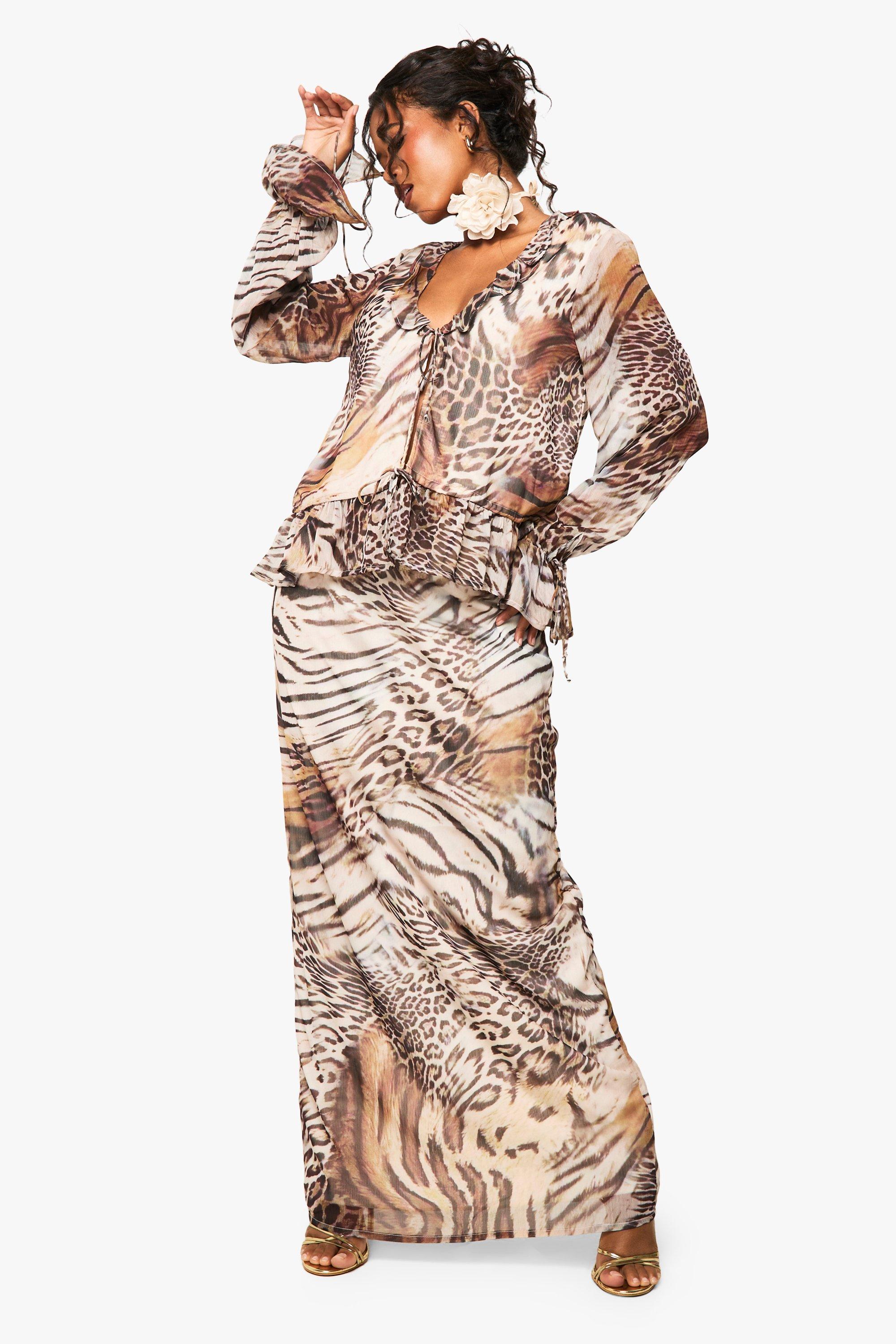 Boohoo Chiffon Dierenprint Maxi Rok, Brown