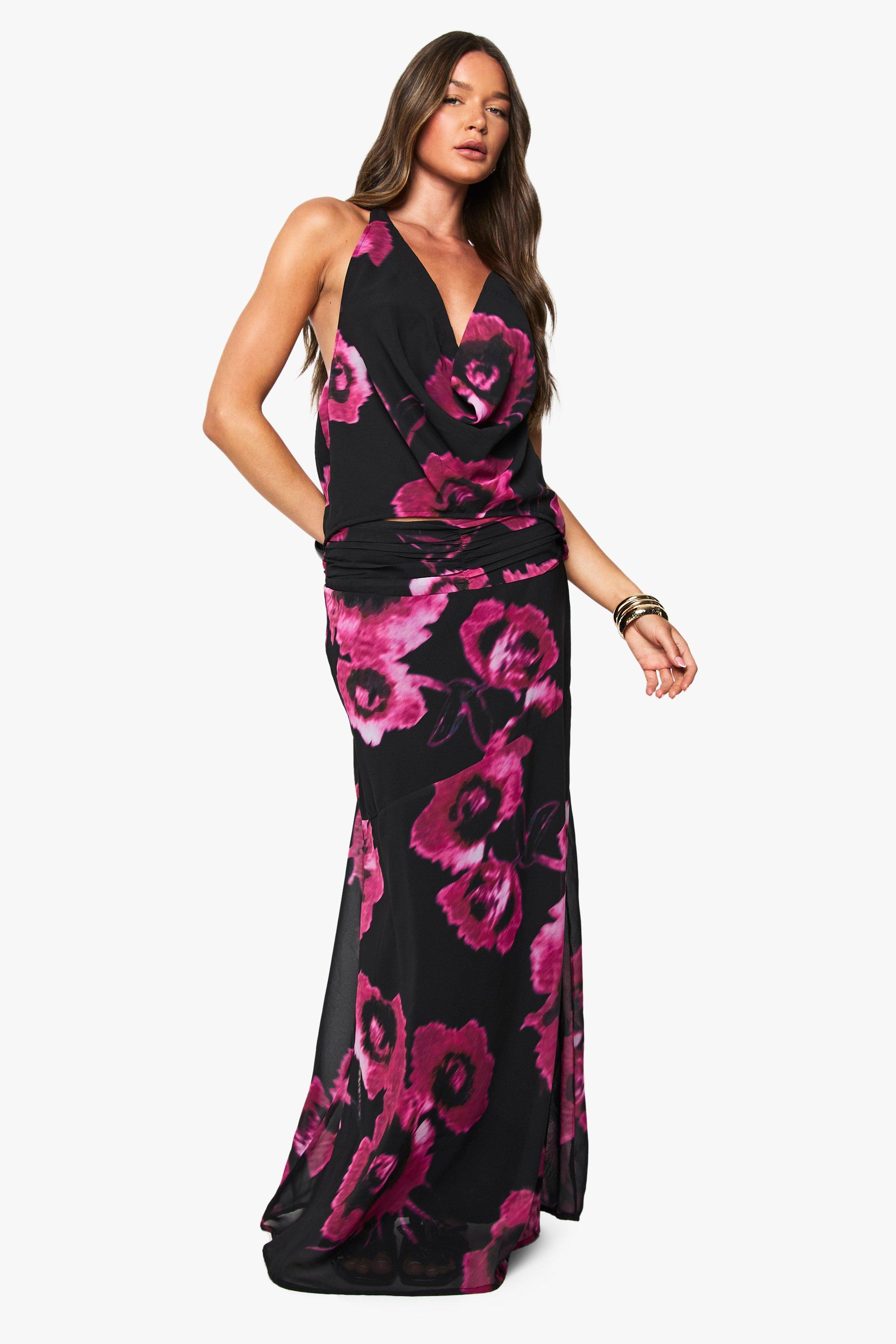 Image of Gonna maxi in chiffon a fiori con fondo svasato, Multi