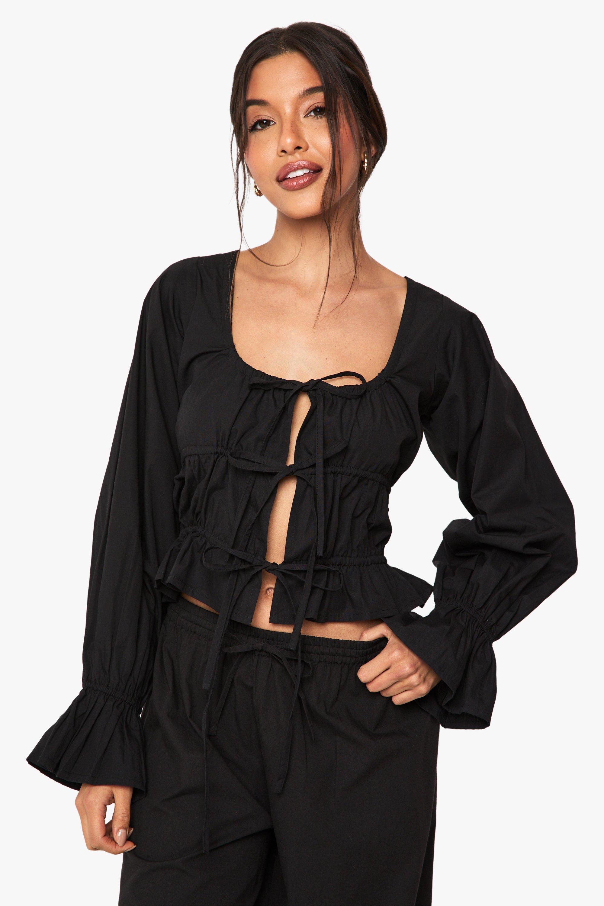 Image of Top in cotone popeline con laccetti, Nero