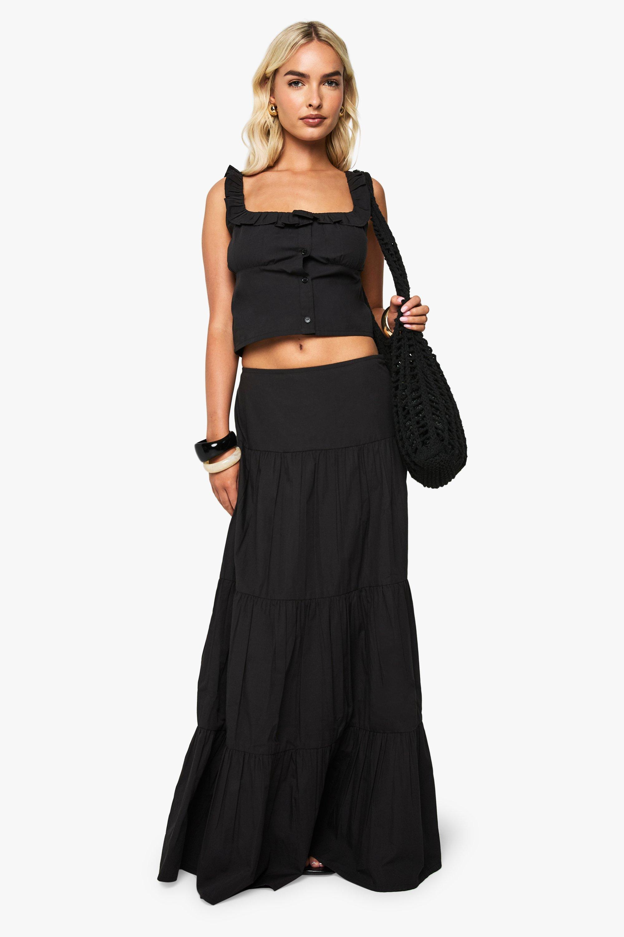 Boohoo Katoenen Poplin Maxi Rok Met Laagjes, Black