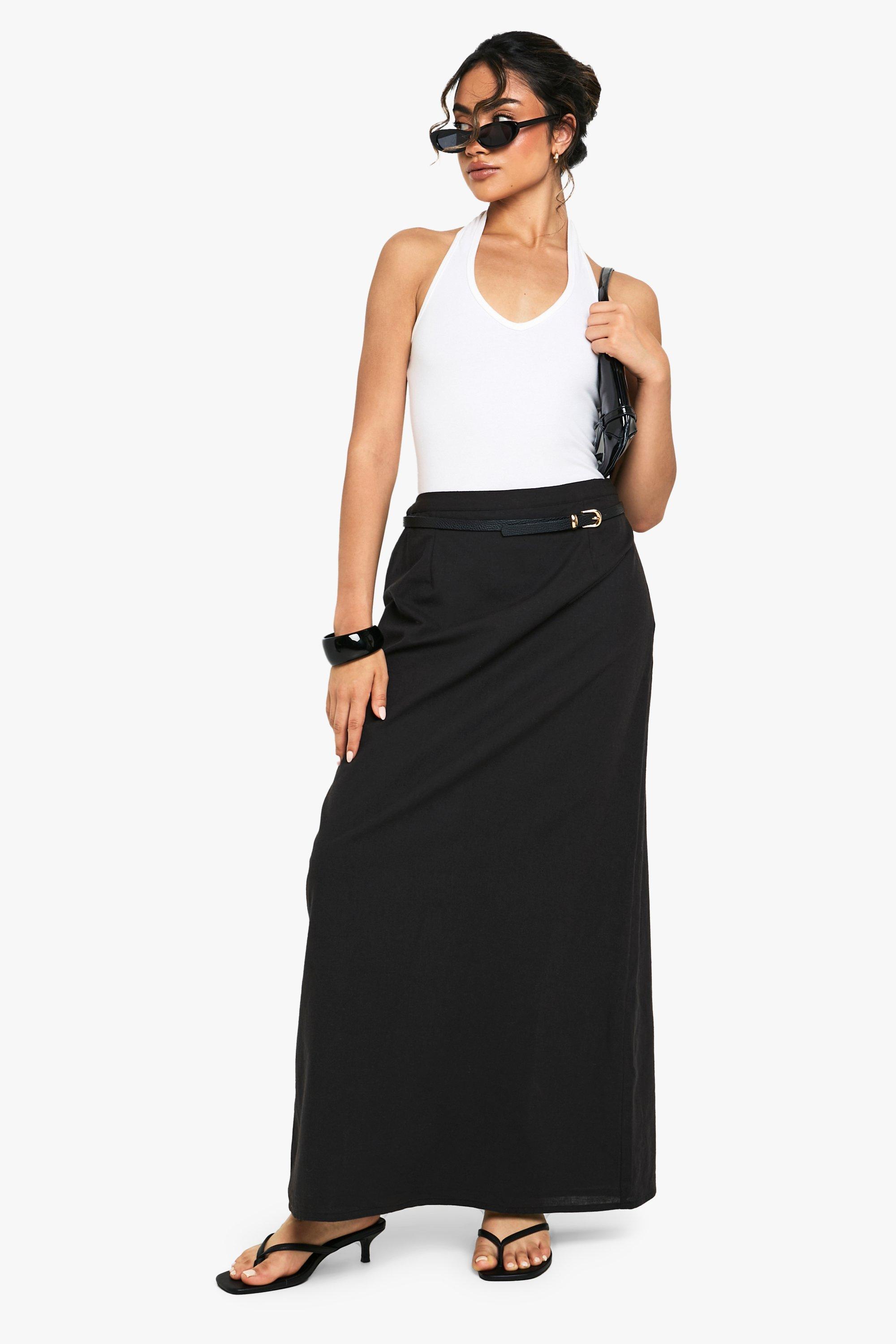 Boohoo Linnen Maxi Rok Met Achter Split, Black
