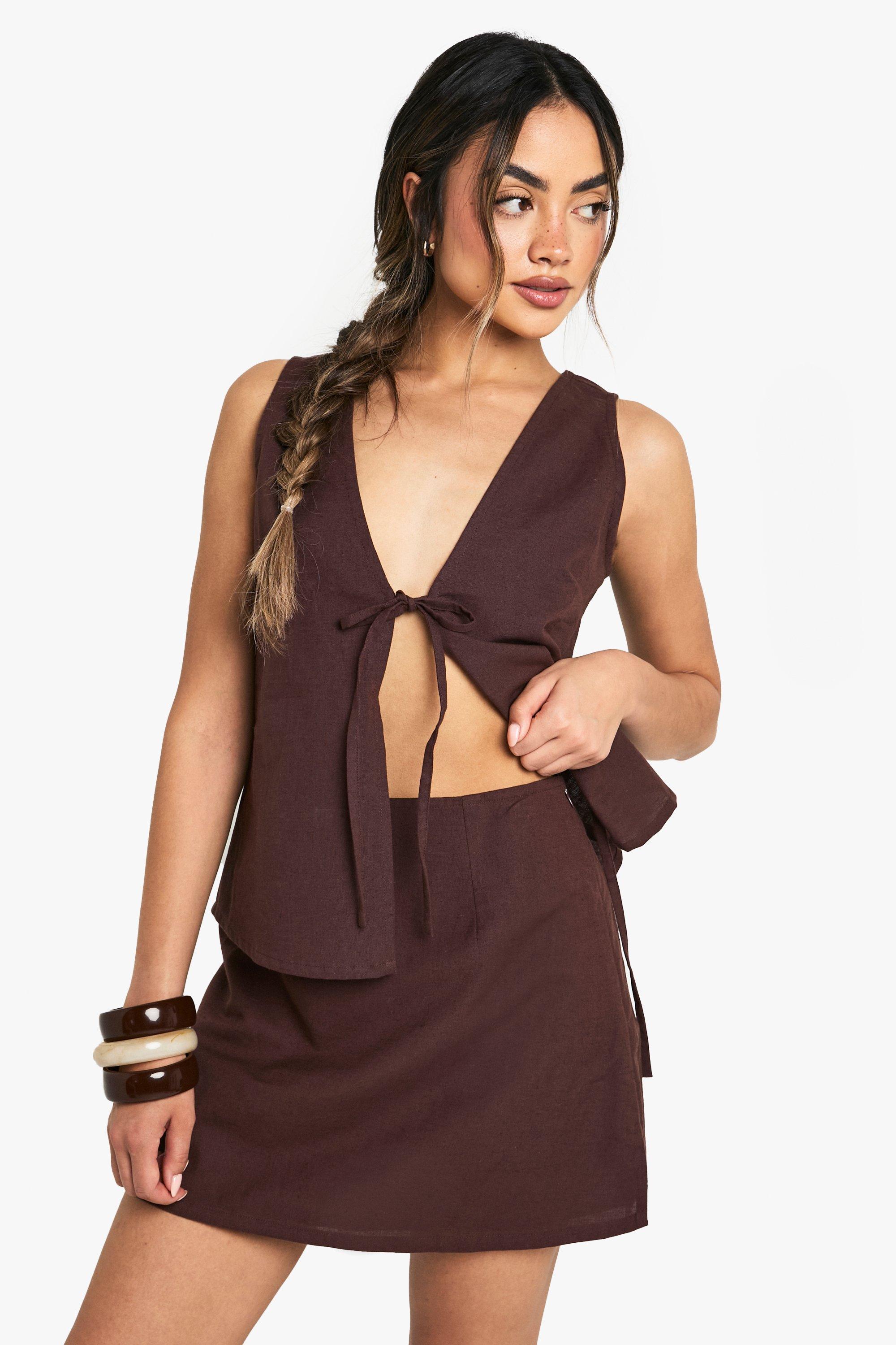 Boohoo Linnen A-Line Mini Rokje, Chocolate