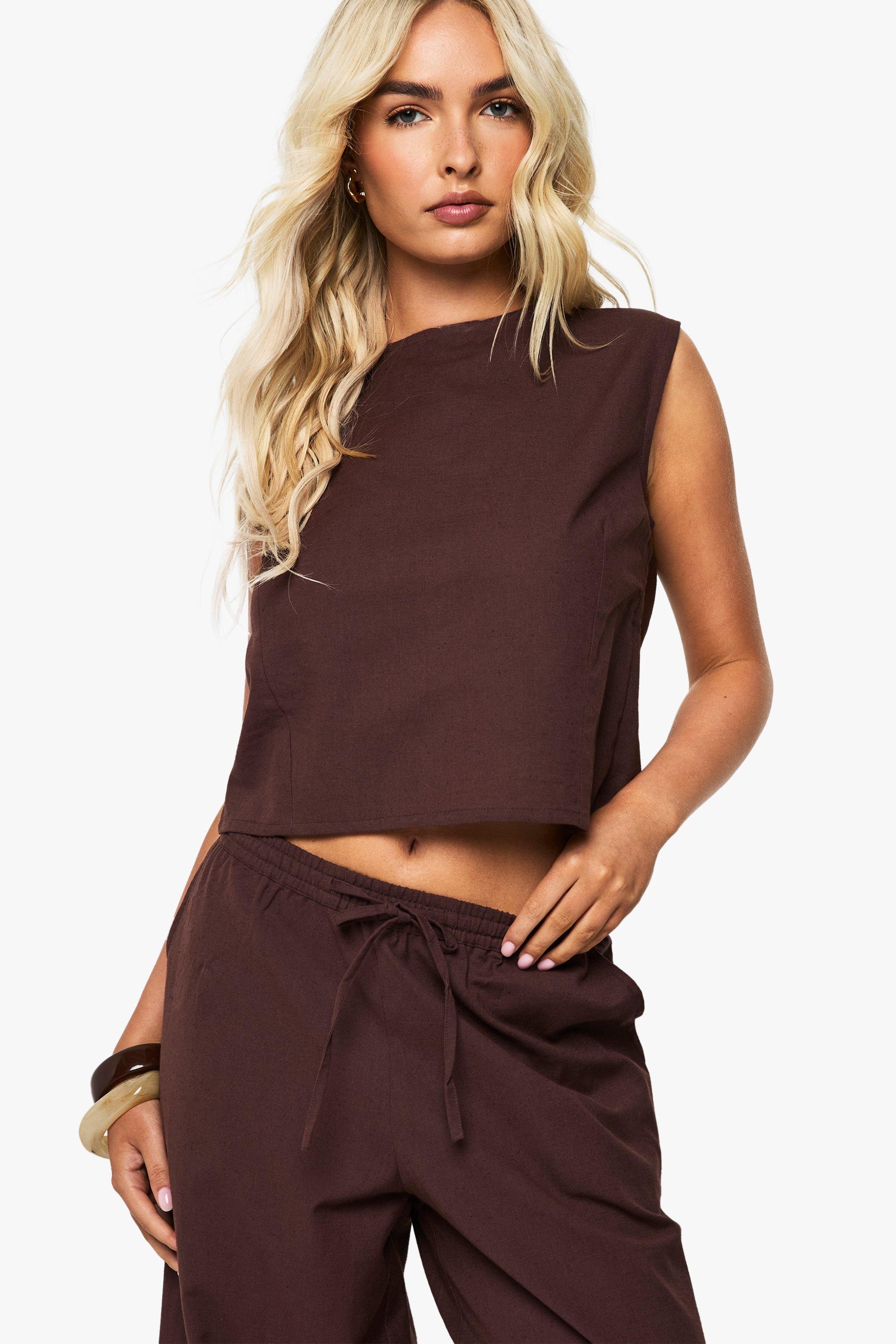 Boohoo Linen Boxy Crop Top, Chocolate