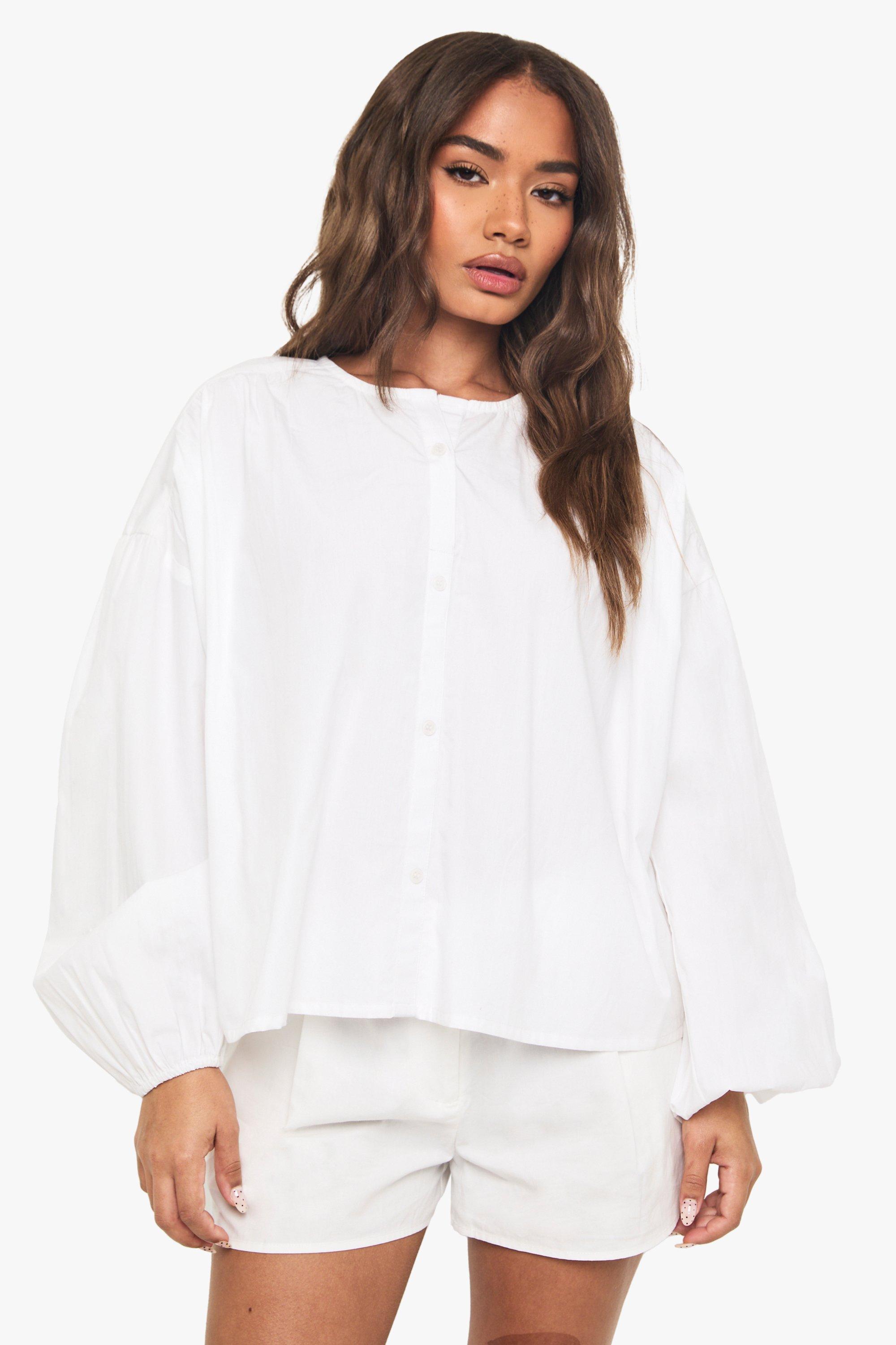 Boohoo Cotton Poplin Collarless Blouse, White
