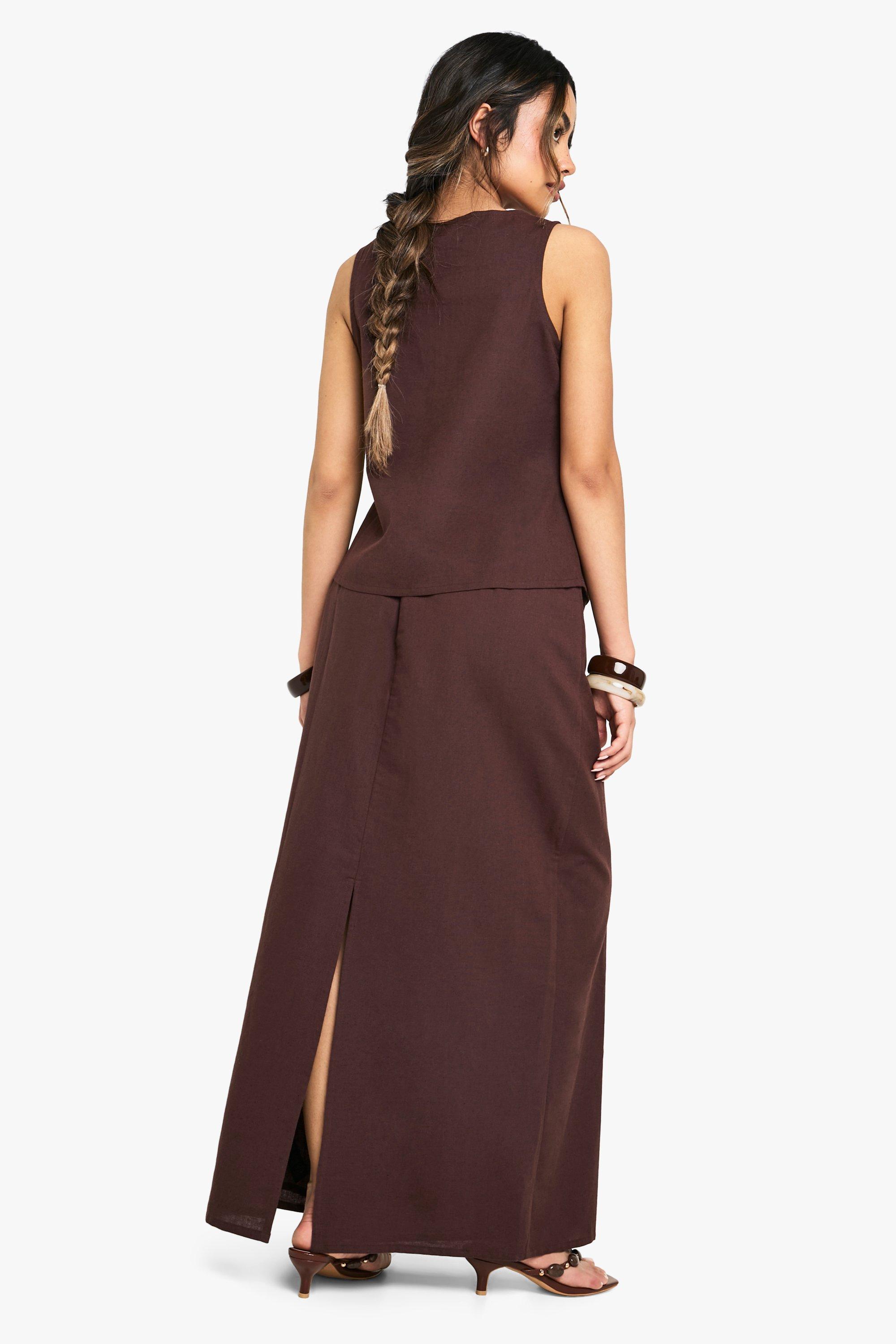 Boohoo Linnen Maxi Rok Met Achter Split, Chocolate