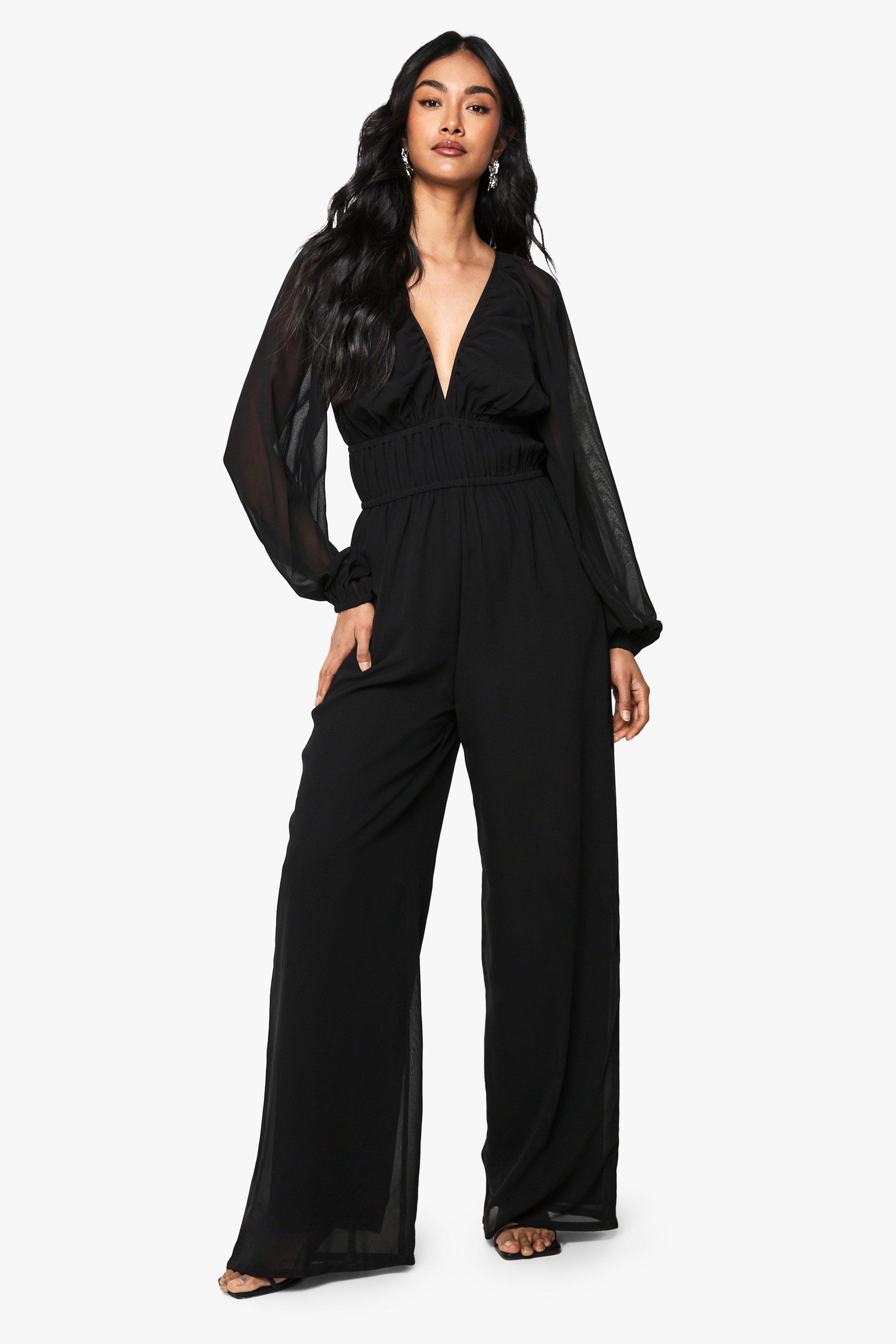 Image of Tuta intera a gamba ampia in chiffon con scollo a V e ruches, Nero
