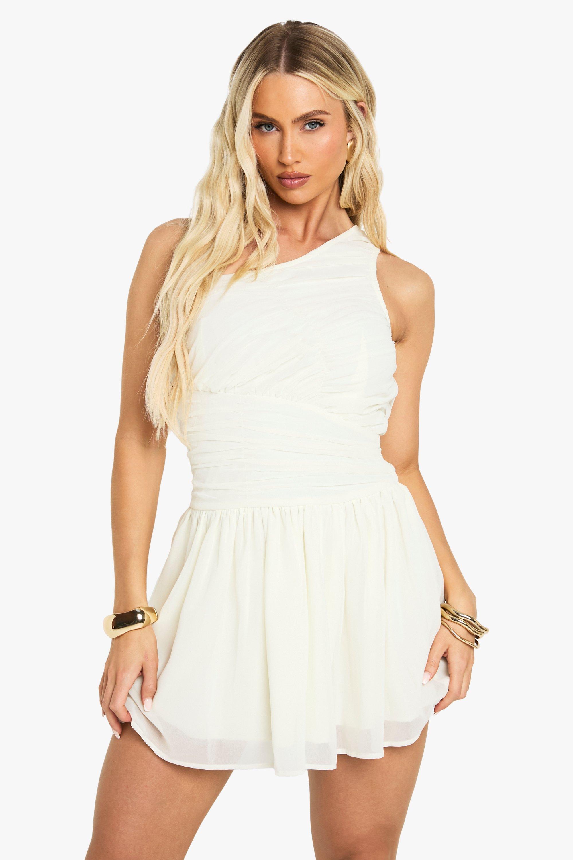 Boohoo Chiffon One Shoulder Ruched Mini Dress, Ecru