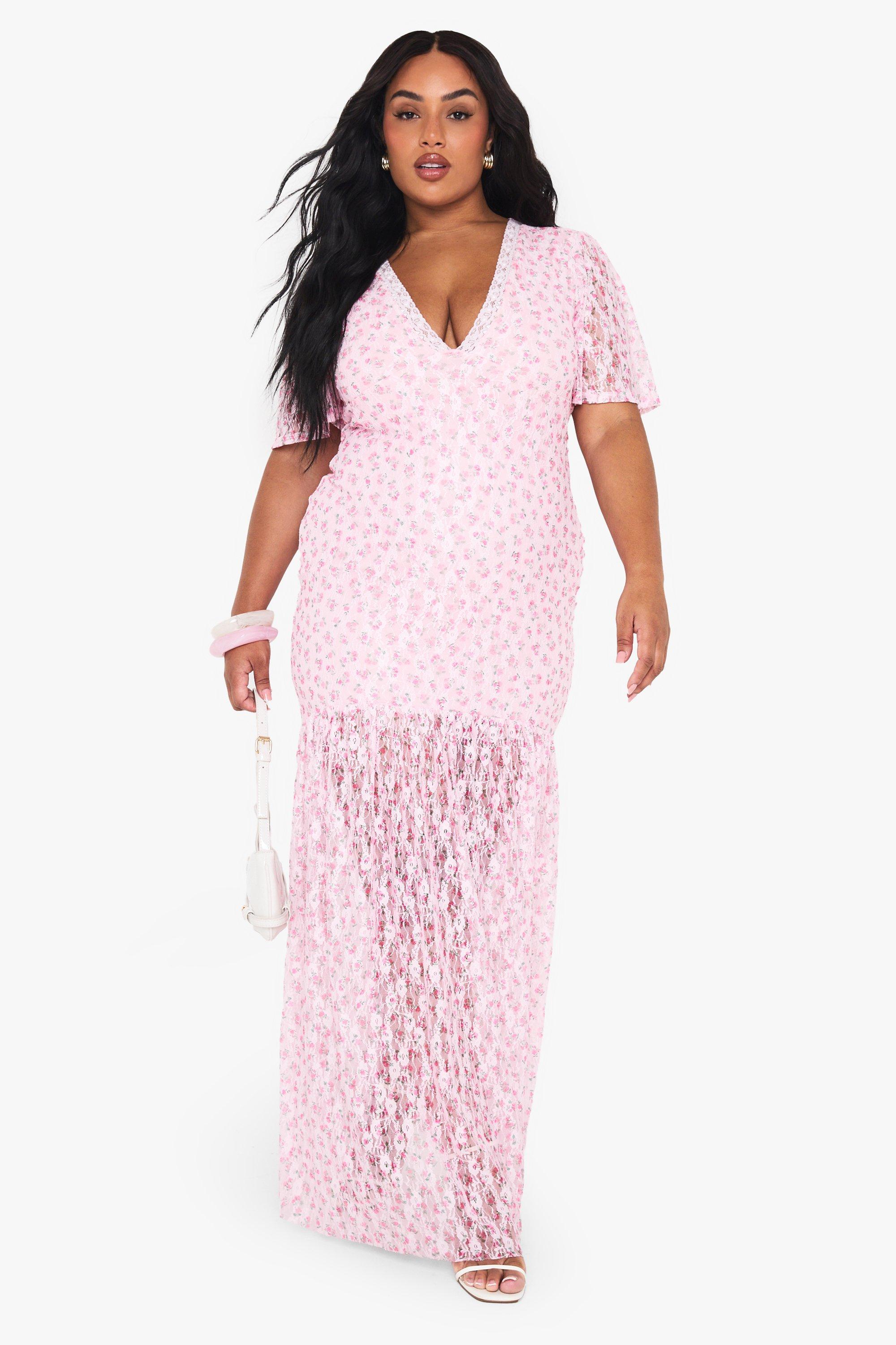 Boohoo Plus Kanten Bloemen Maxi Jurk Met Losvallende Zoom, Pink