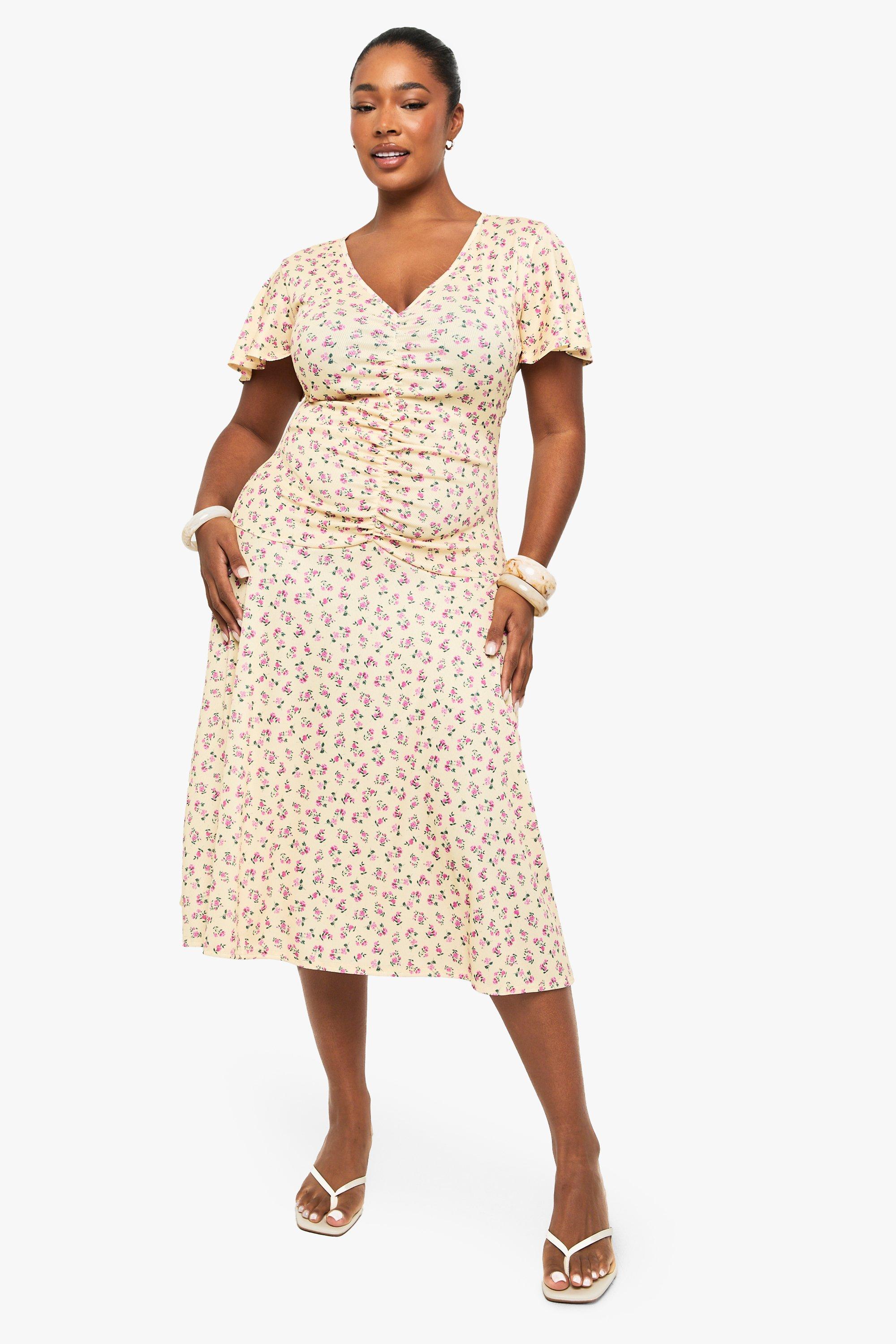 Boohoo Plus Geplooide Midaxi Jurk, Lemon
