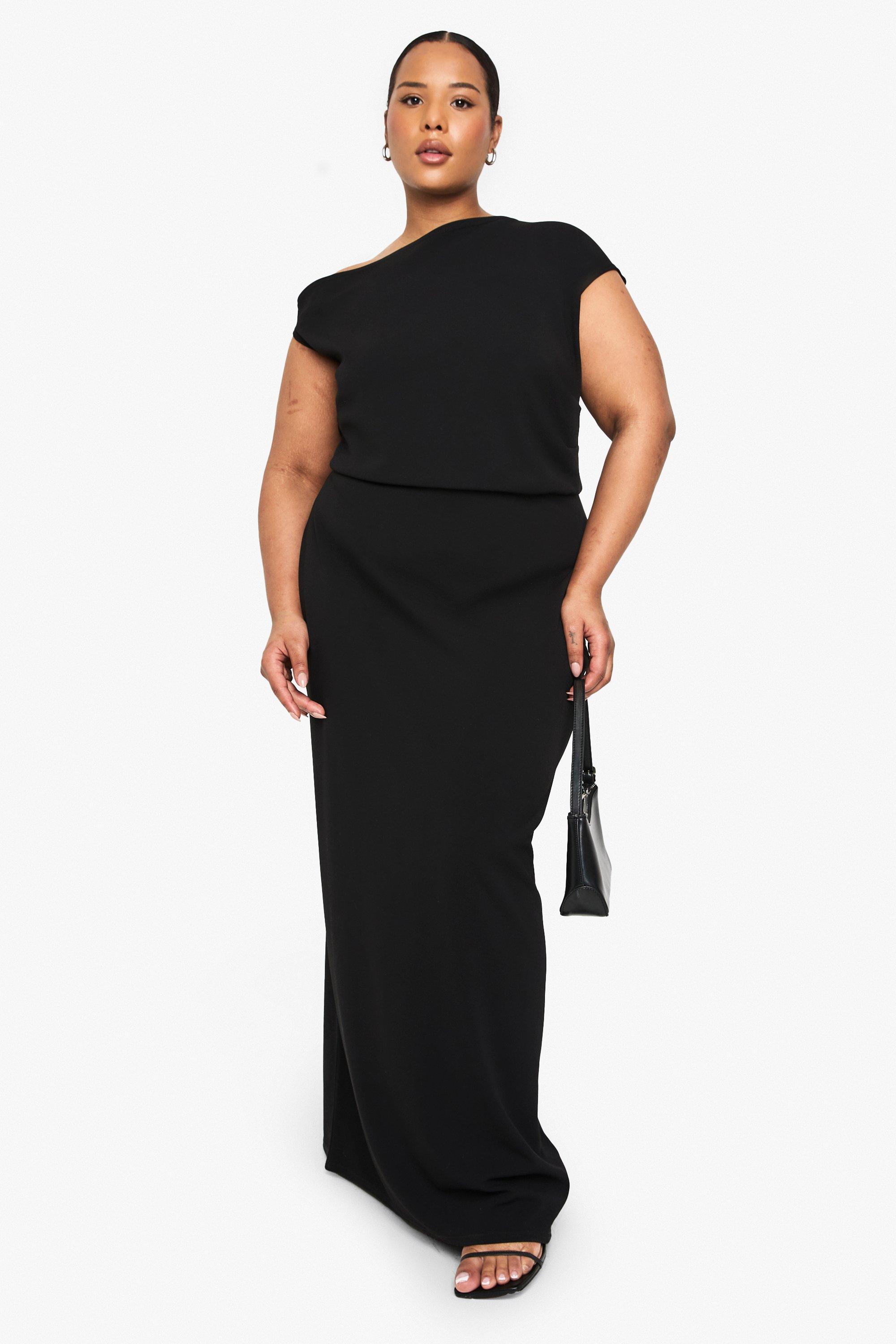 Boohoo Plus Asymmetrische Maxi Jurk Met Ruches, Black