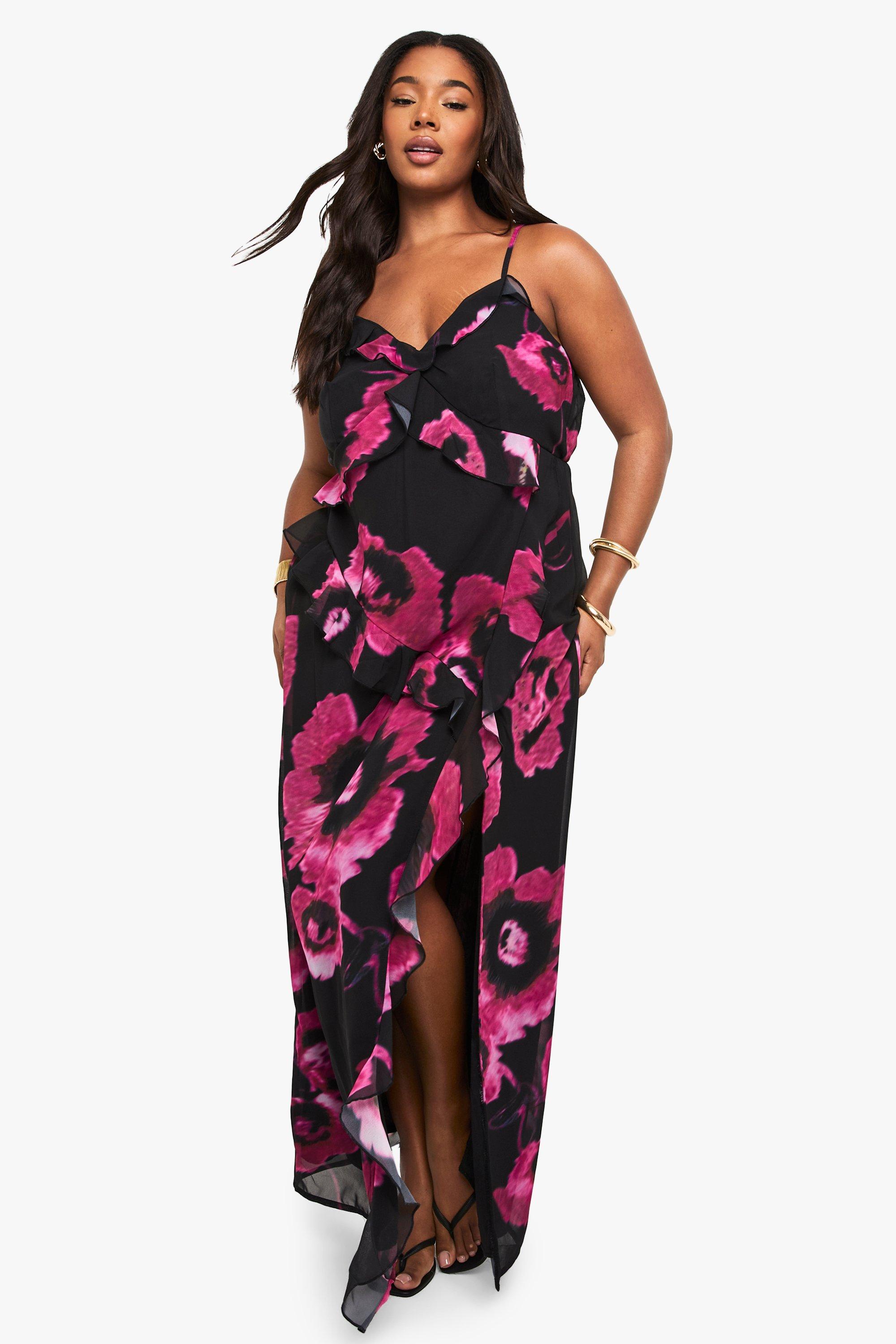 Boohoo Plus Printed Ruffle Strappy Maxi Dress, Black