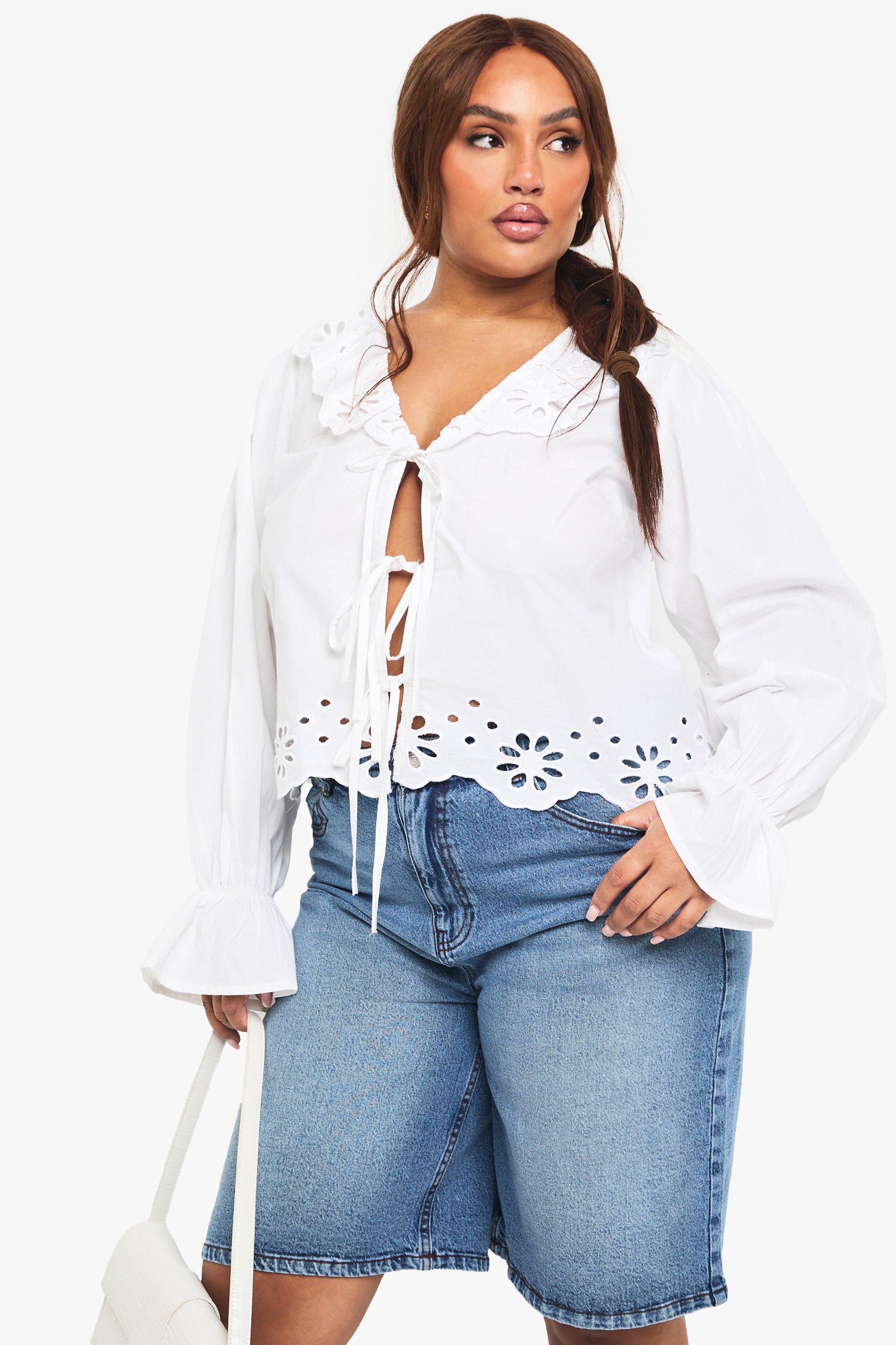 Image of Blusa Plus Size in pizzo sangallo con laccetti, Bianco