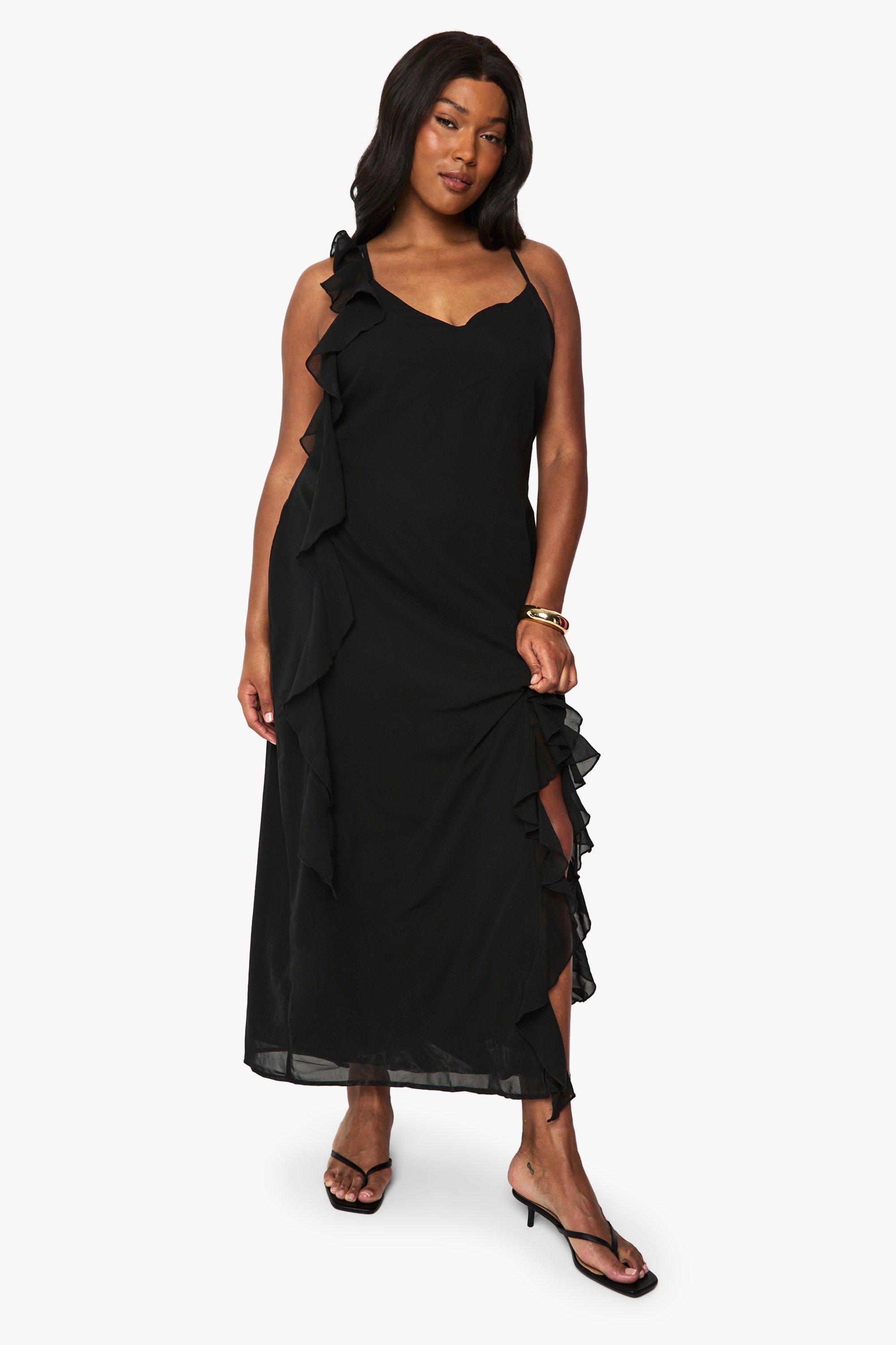 Image of Vestito maxi Plus Size in chiffon con arricciature, Nero