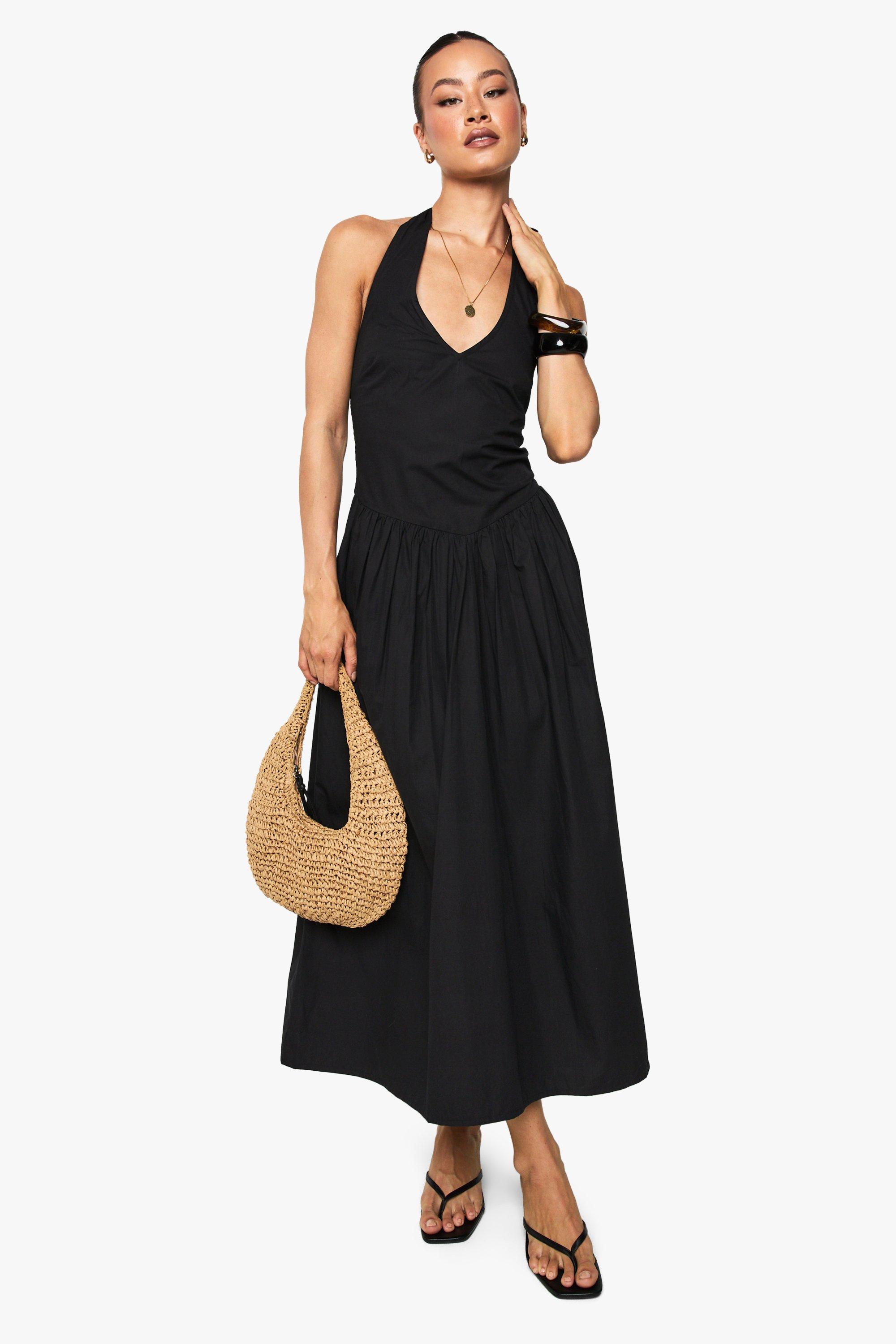 Boohoo Tall Cotton Poplin Halterneck Midi Dress, Black