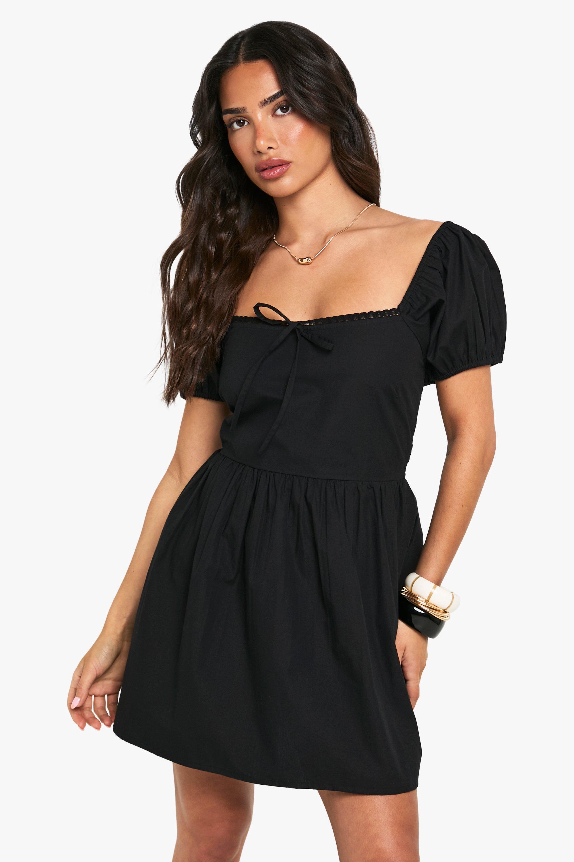 Boohoo Petite Cotton Poplin Puff Sleeve Mini Dress, Black