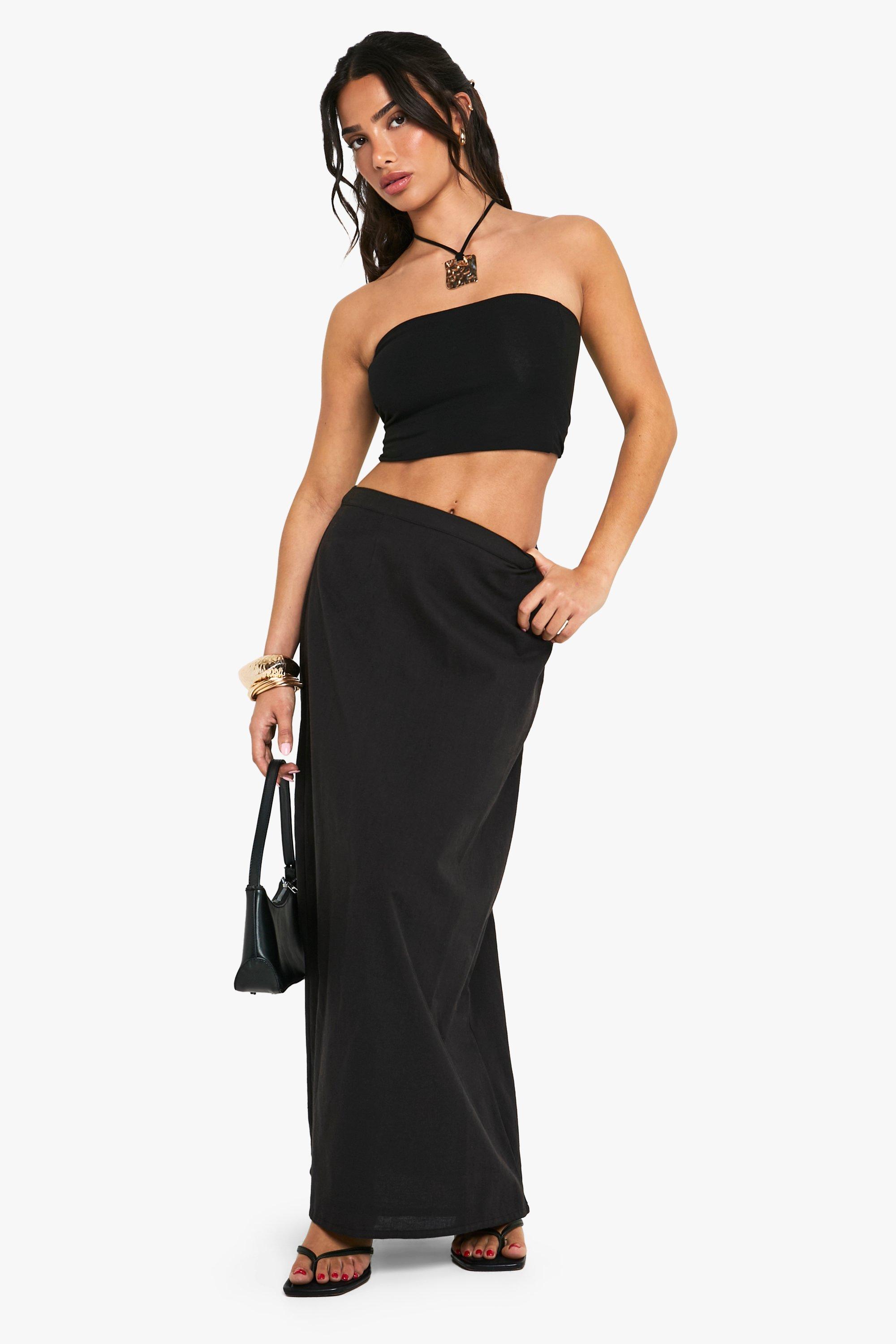 Boohoo Petite Linen Split Back Maxi Skirt, Black