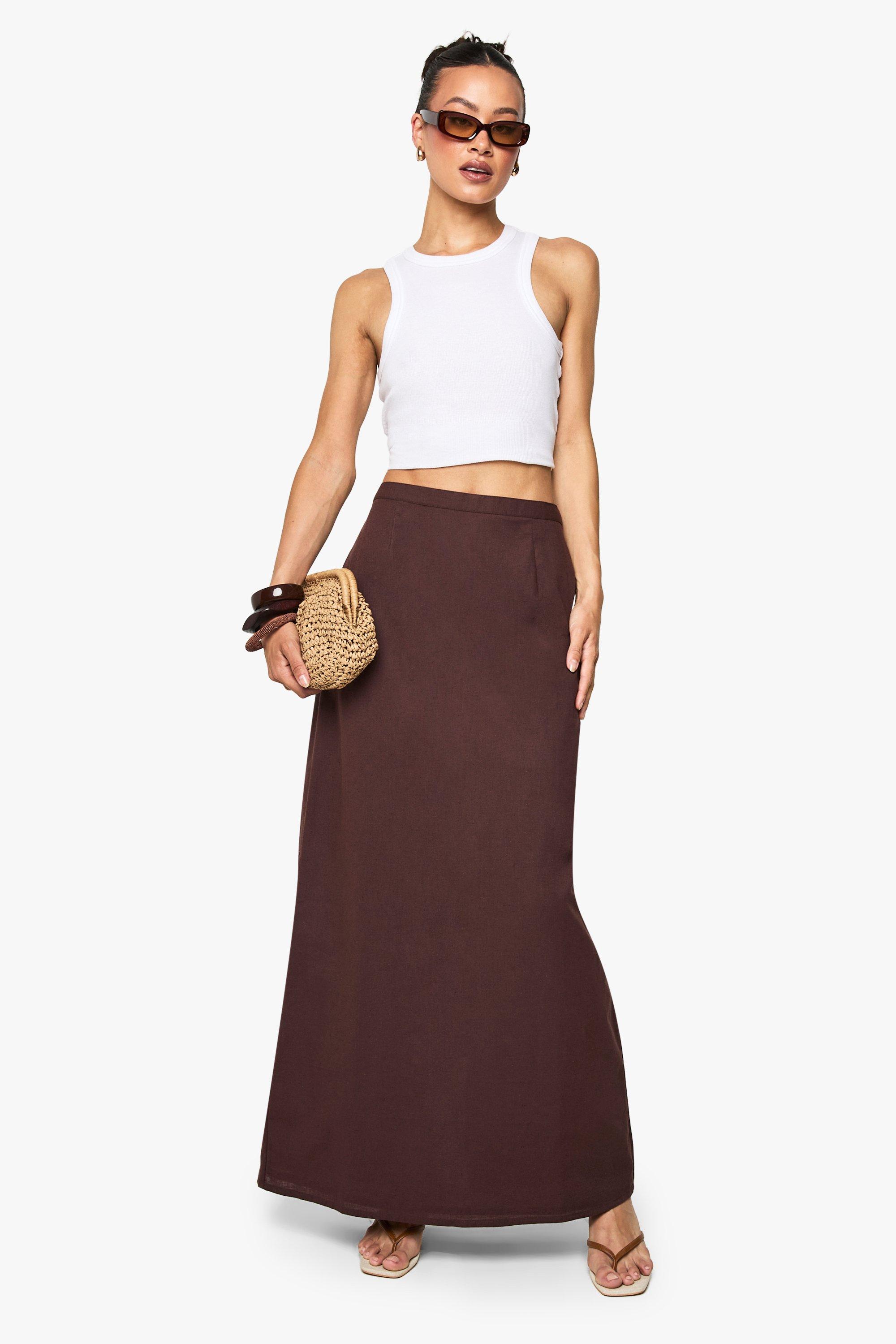 Boohoo Tall Linen Split Back Maxi Skirt, Chocolate