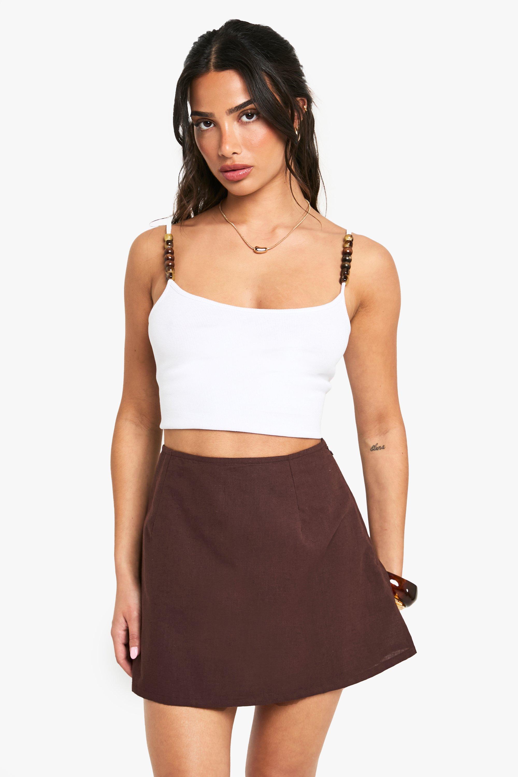 Boohoo Petite Linnen A-Line Mini Rokje, Chocolate